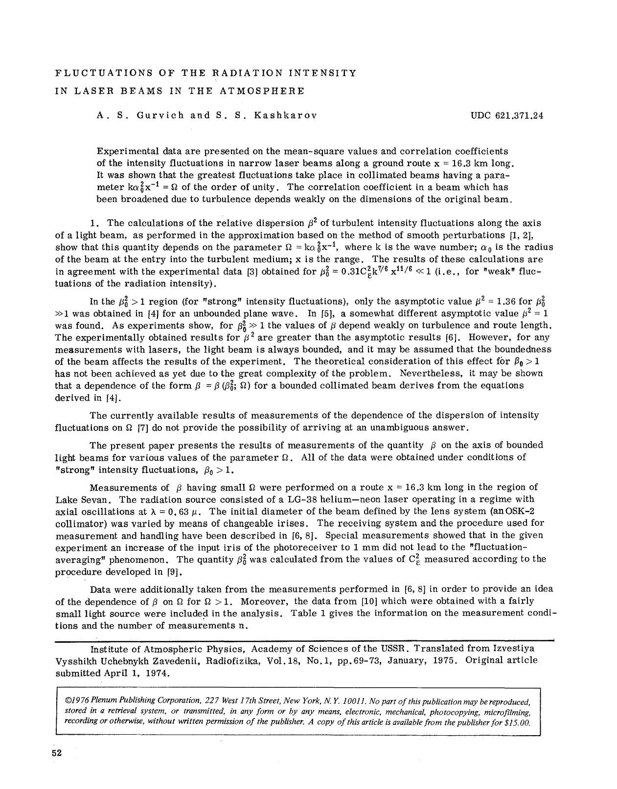 Fluctuations of the radiation intensity in laser beams in the atmosphere by Unknown