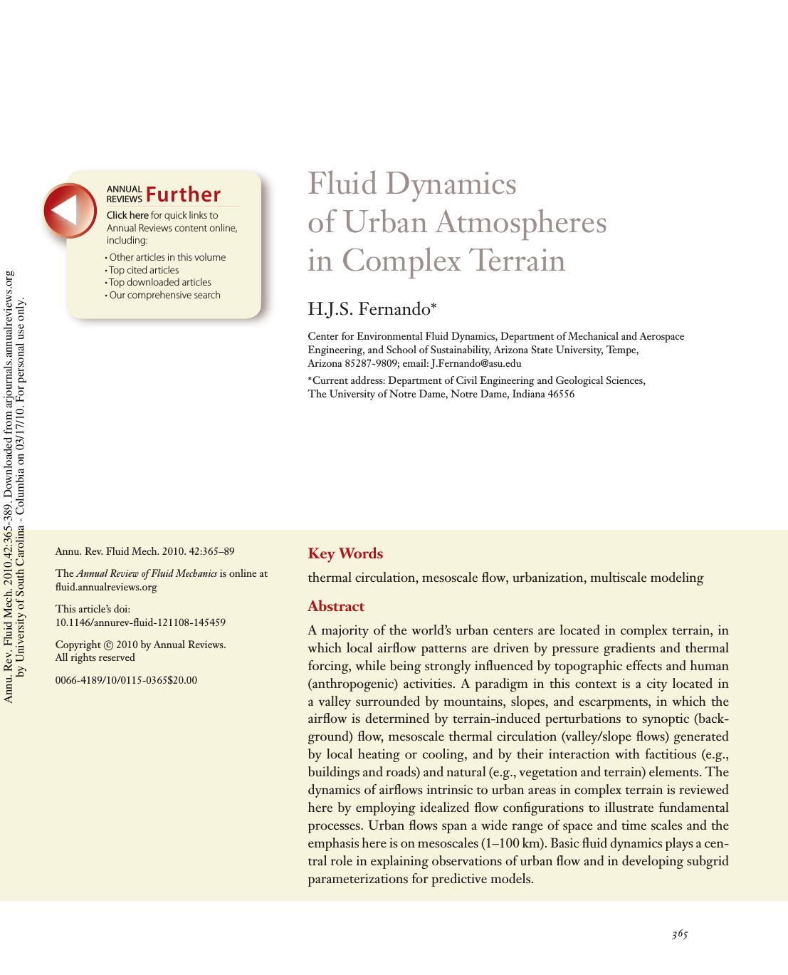 Fluid Dynamics of Urban Atmospheres in Complex Terrain by H.J.S. Fernando*