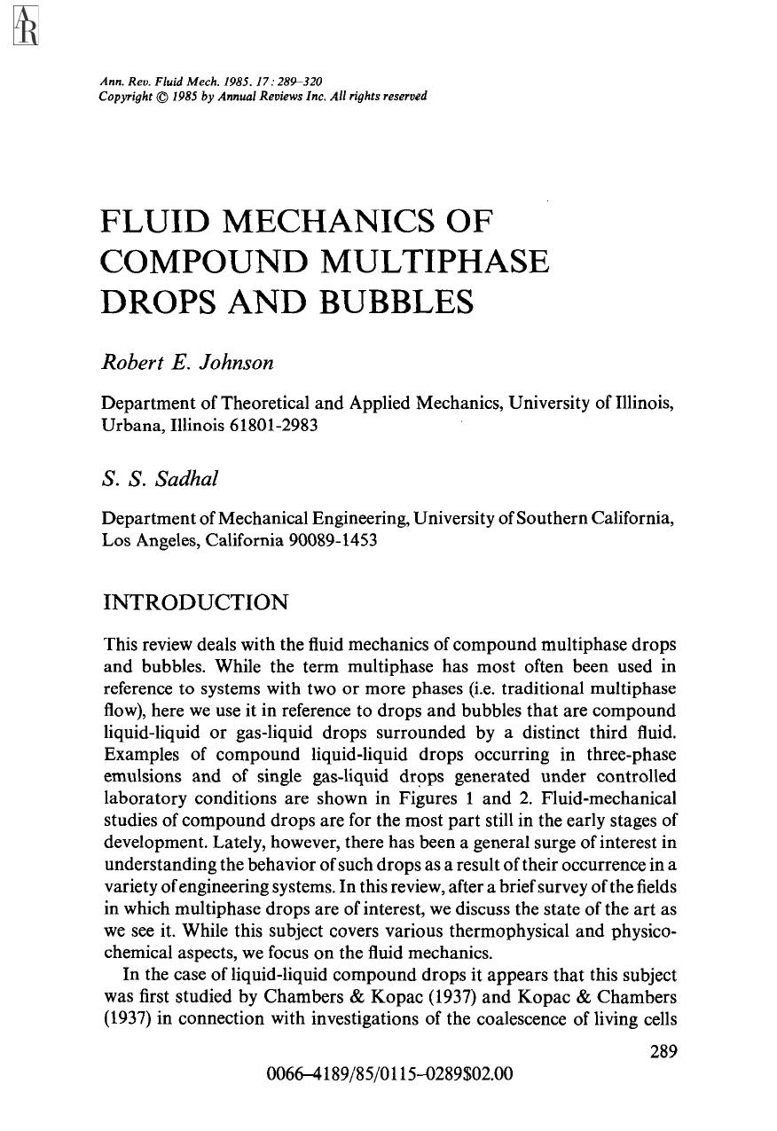 Fluid Mechanics of Compound Multiphase Drops and Bubbles by R E Johnson & S S Sadhal