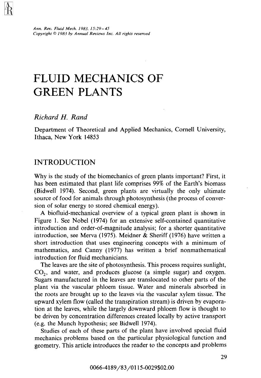 Fluid Mechanics of Green Plants by R H Rand