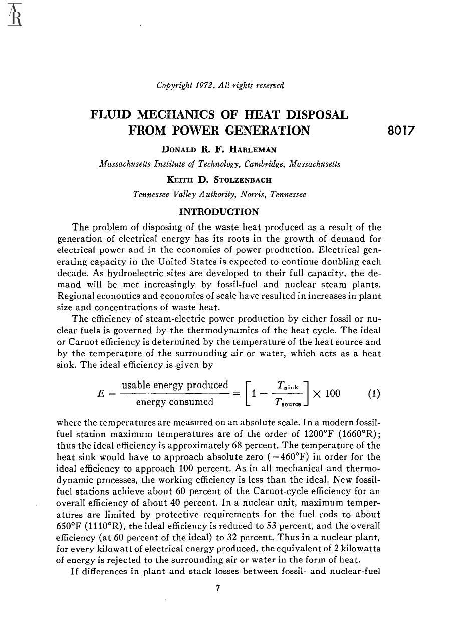 Fluid Mechanics of Heat Disposal from Power Generation by D R F Harleman & K D Stolzenbach
