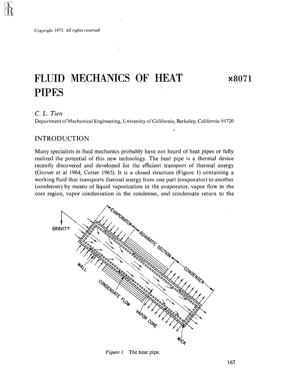 Fluid Mechanics of Heat Pipes by C L Tien