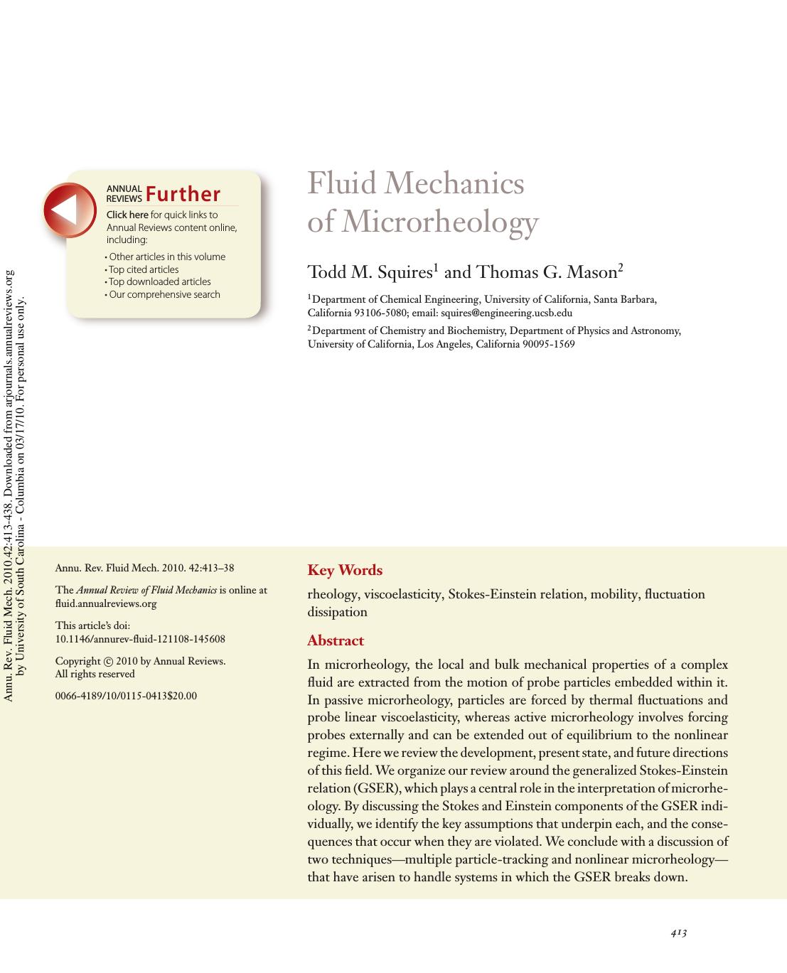 Fluid Mechanics of Microrheology by Todd M. Squires1 & Thomas G. Mason2