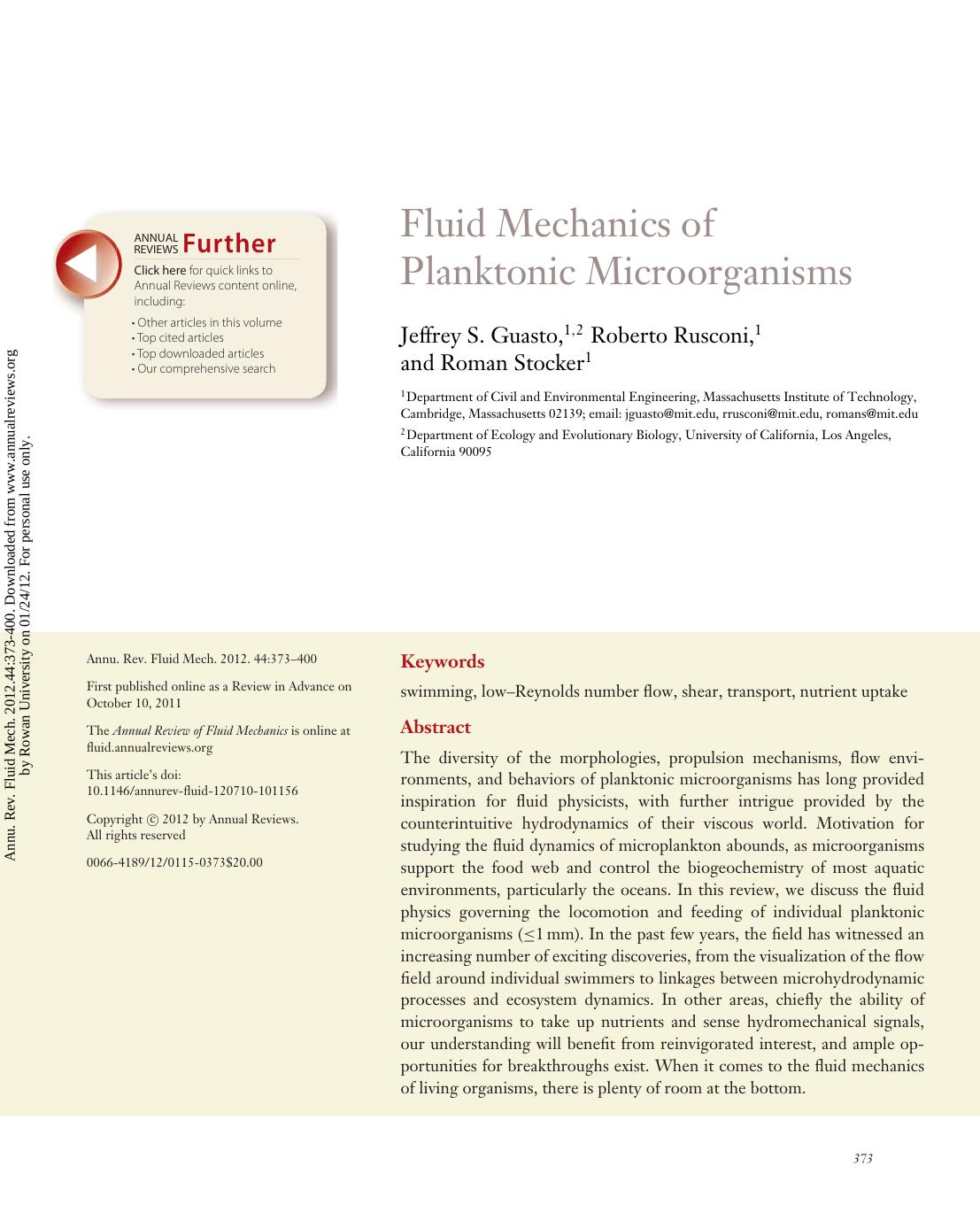 Fluid Mechanics of Planktonic Microorganisms by Jeffrey S. Guasto1 2 Roberto Rusconi1 & Roman Stocker1