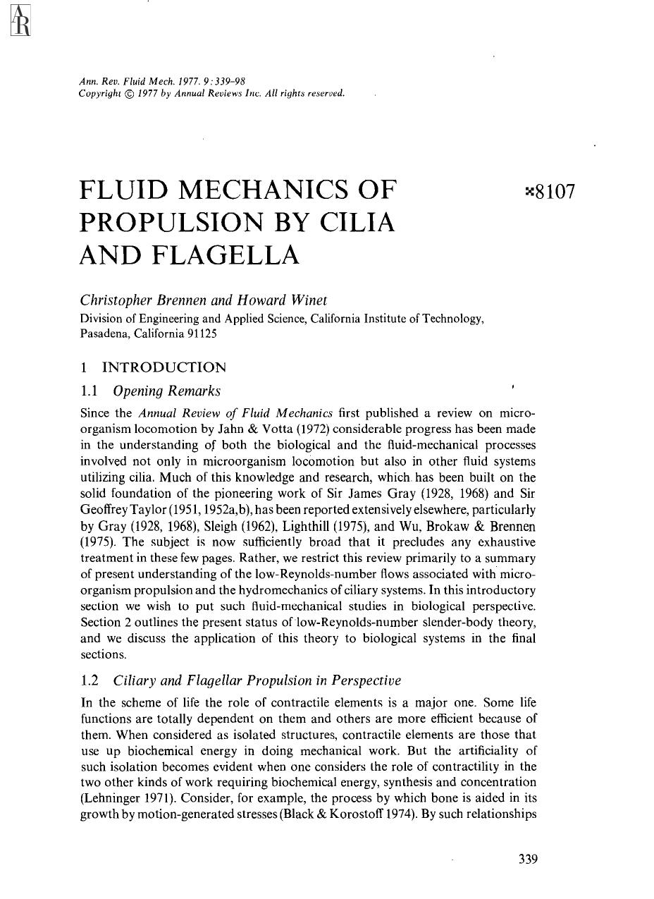 Fluid Mechanics of Propulsion by Cilia and Flagella by C Brennen and H Winet