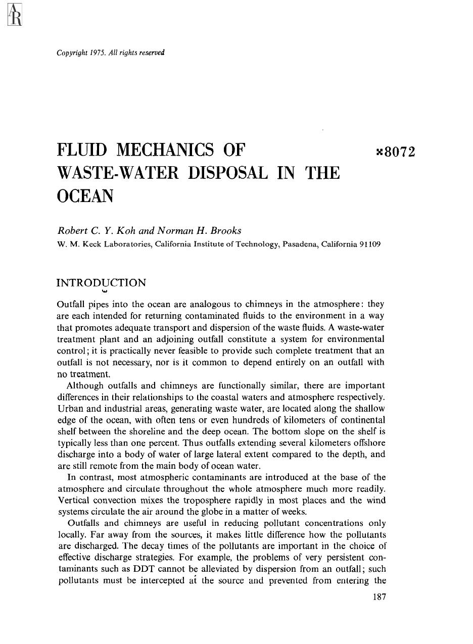 Fluid Mechanics of Waste-Water Disposal in the Ocean by R C Y Koh & N H Brooks