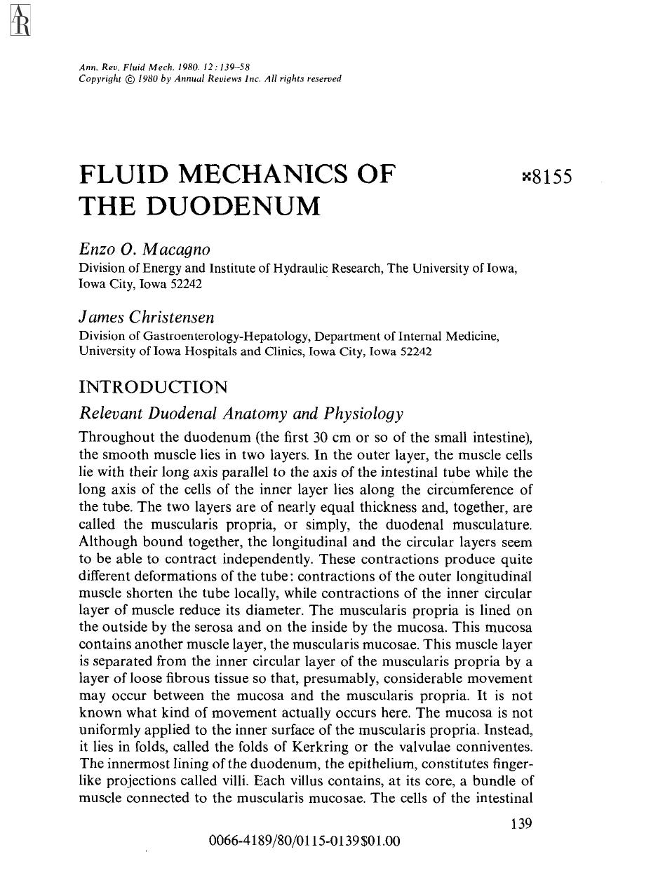 Fluid Mechanics of the Duodenum by E O Macagno and J Christensen