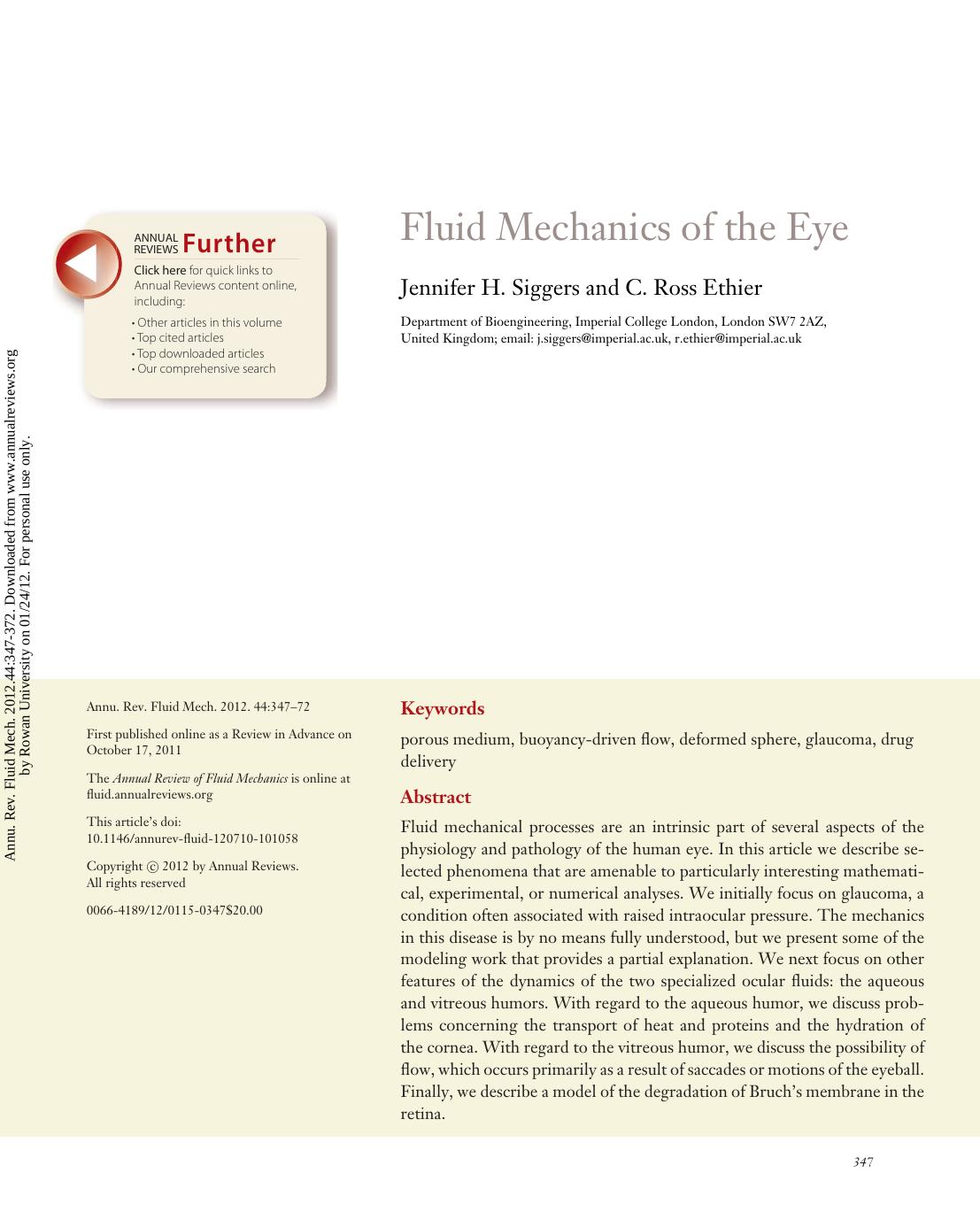 Fluid Mechanics of the Eye by Jennifer H. Siggers & C. Ross Ethier