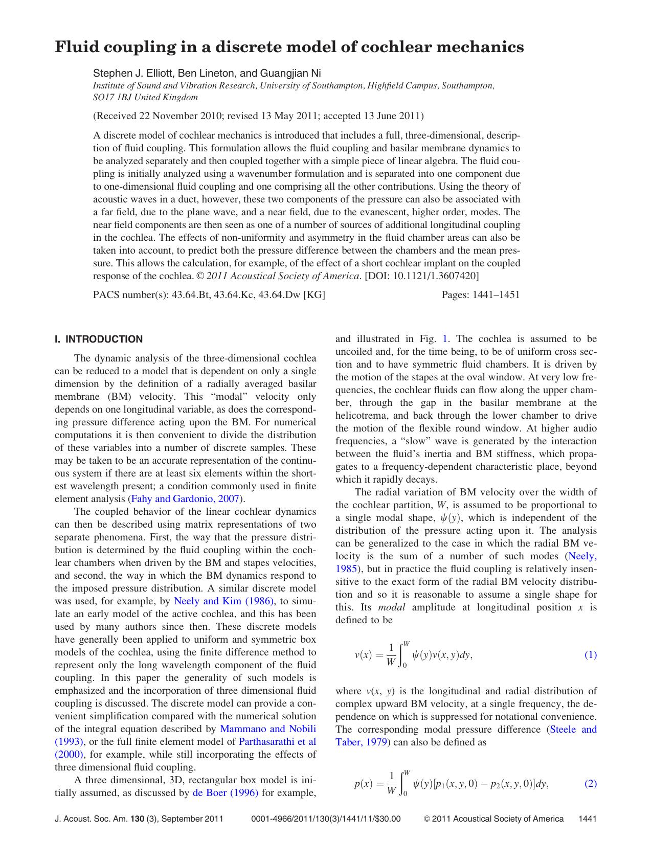 Fluid coupling in a discrete model of cochlear mechanics by Stephen J. Elliott Ben Lineton and Guangjian Ni