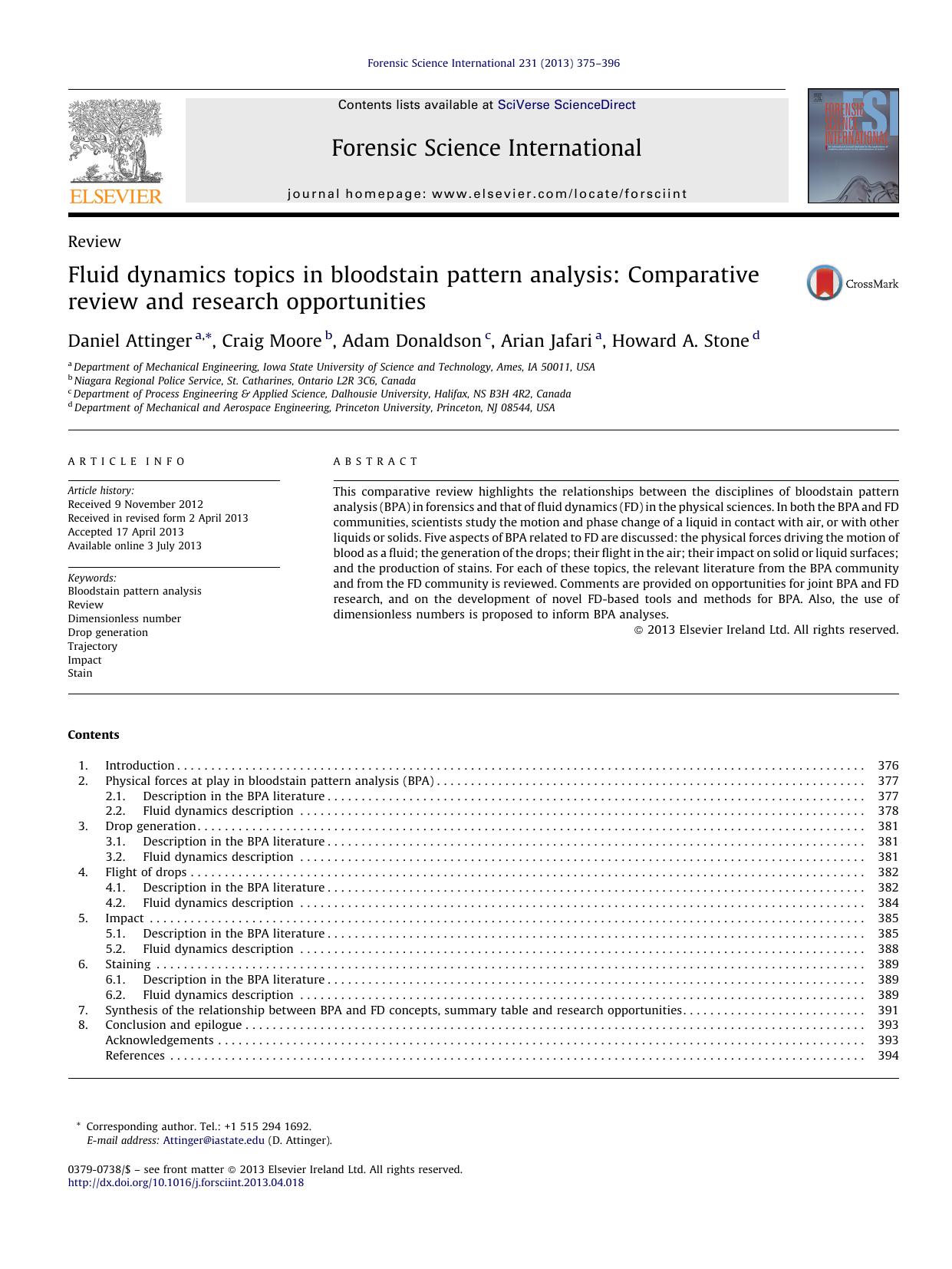 Fluid dynamics topics in bloodstain pattern analysis: Comparative review and research opportunities by Daniel Attinger & Craig Moore & Adam Donaldson & Arian Jafari & Howard A. Stone