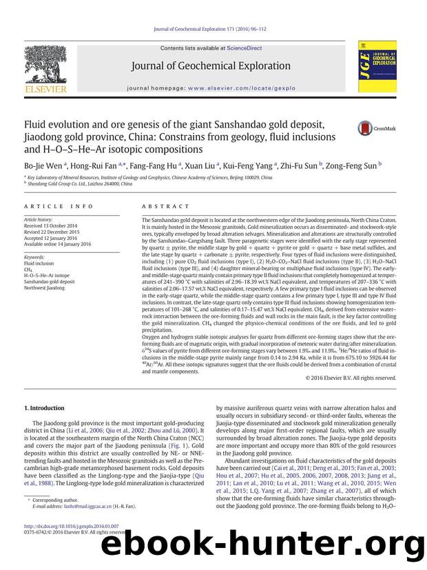 Fluid evolution and ore genesis of the giant Sanshandao gold deposit, Jiaodong gold province, China: Constrains from geology, fluid inclusions and HâOâSâHeâAr isotopic compositions by Bo-Jie Wen & Hong-Rui Fan & Fang-Fang Hu & Xuan Liu & Kui-Feng Yang & Zhi-Fu Sun & Zong-Feng Sun