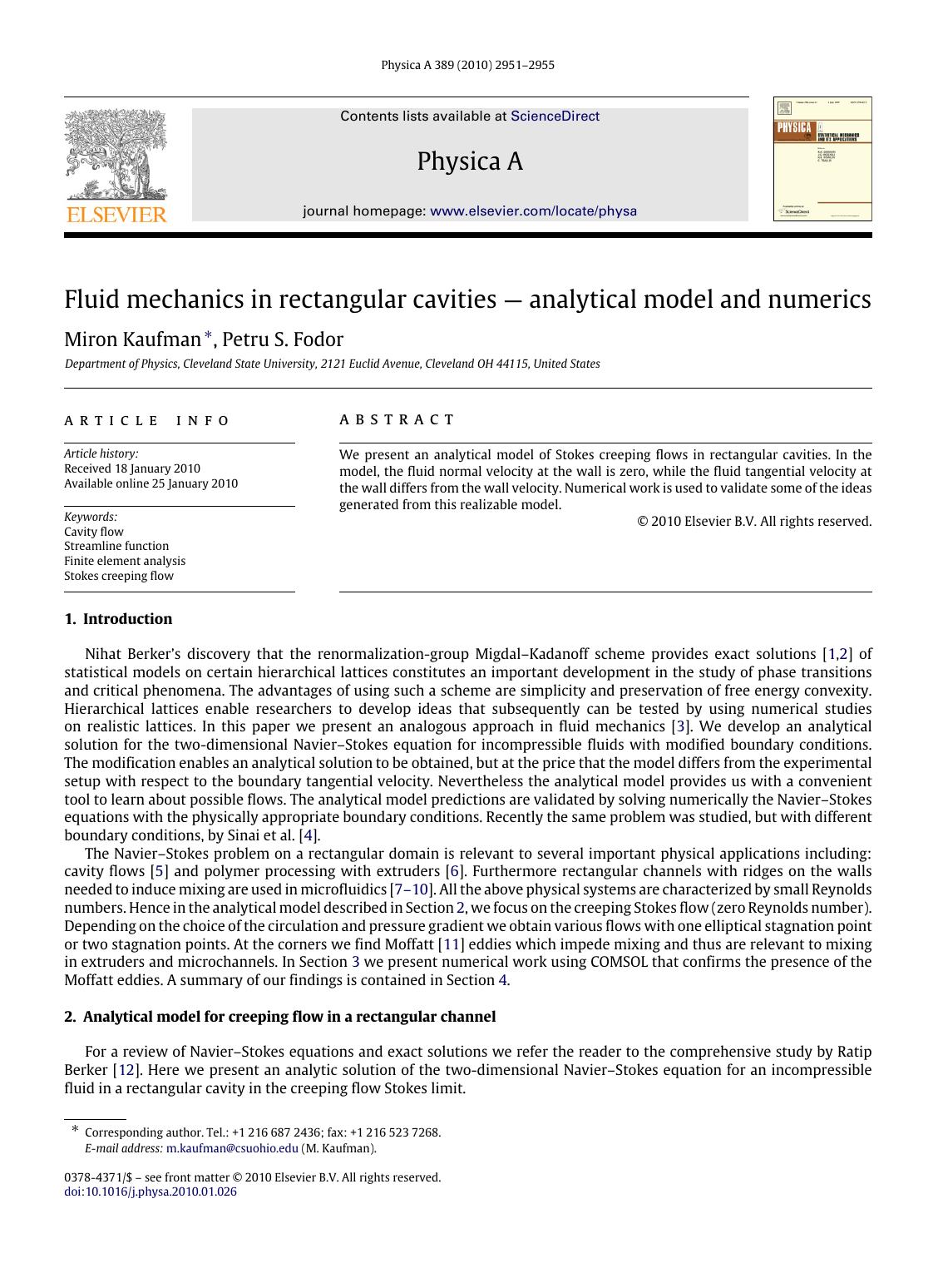 Fluid mechanics in rectangular cavities â analytical model and numerics by Miron Kaufman; Petru S. Fodor