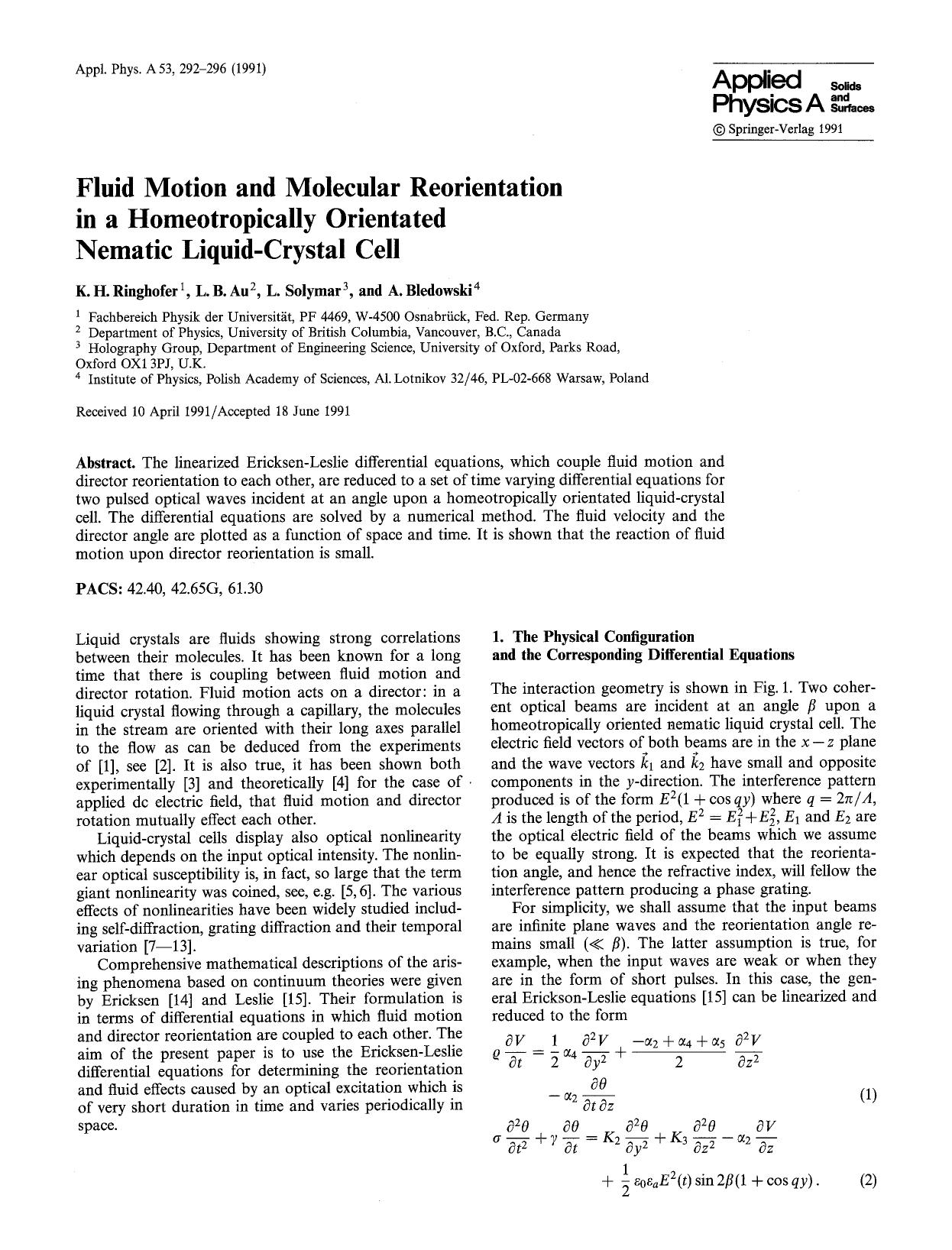 Fluid motion and molecular reorientation in a homeotropically orientated nematic liquid-crystal cell by Unknown