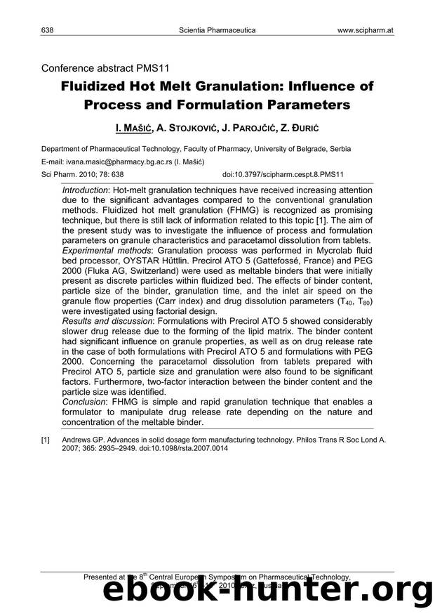 Fluidized Hot Melt Granulation: Influence of Process and Formulation Parameters by I. MAŠIĆ & A. STOJKOVIĆ & J. PAROJČIĆ & Z. ĐURIĆ