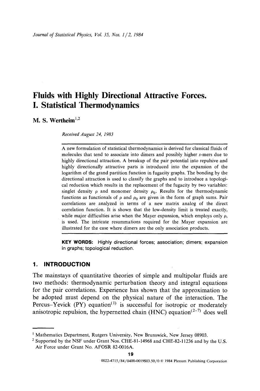Fluids with highly directional attractive forces. I. Statistical thermodynamics by Unknown