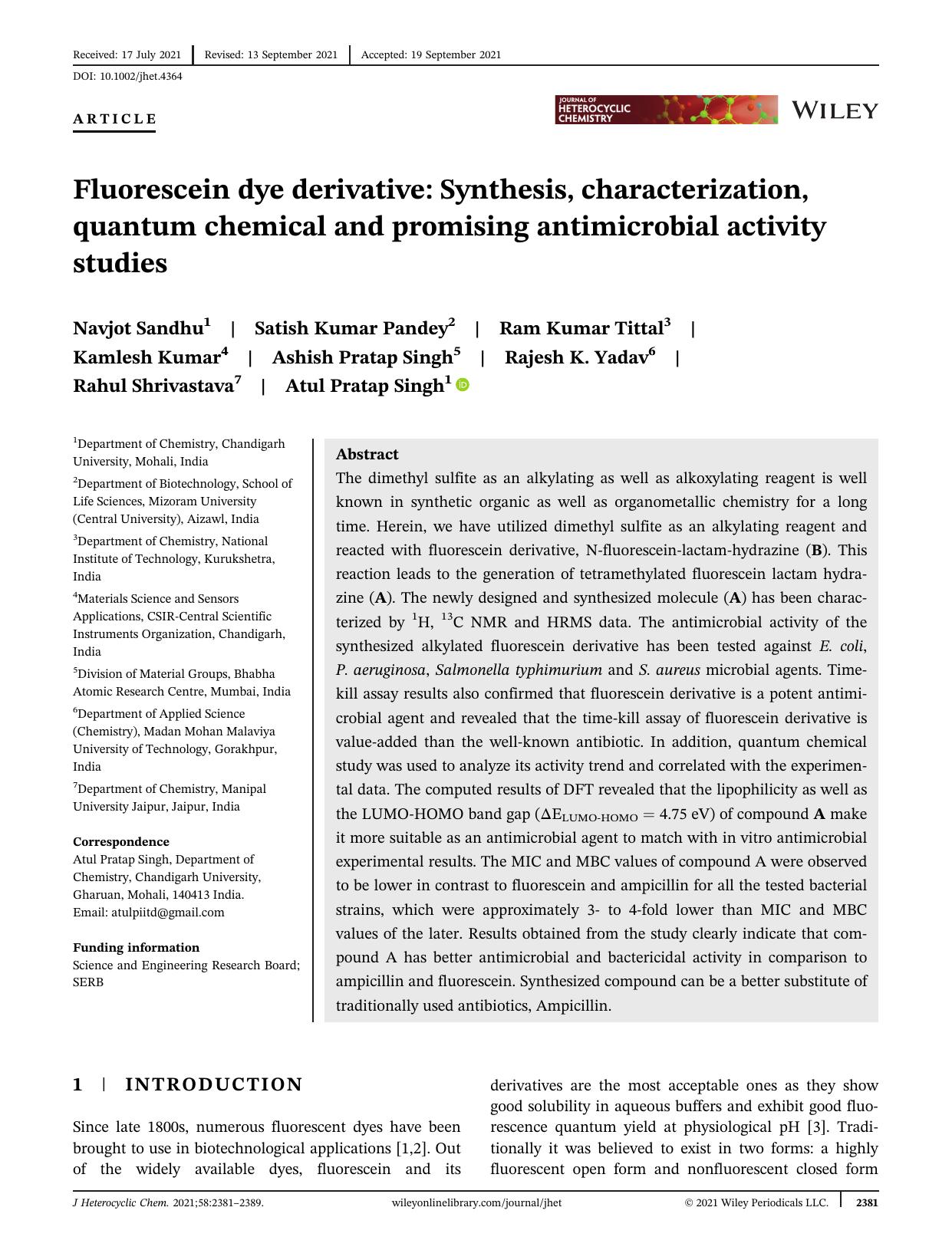 Fluorescein dye derivative: Synthesis, characterization, quantum chemical and promising antimicrobial activity studies by Unknown