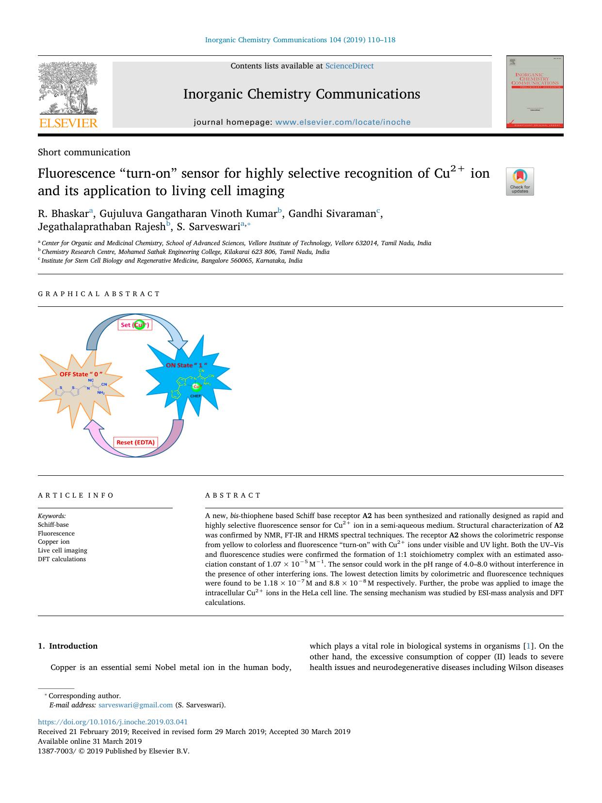 Fluorescence âturn-onâ sensor for highly selective recognition of Cu2+ ion and its application to living cell imaging by unknow