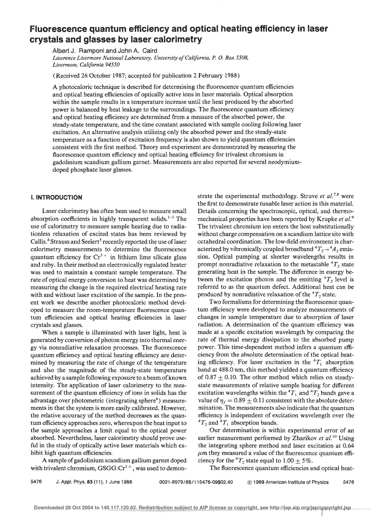 Fluorescence Quantum Efficiency And Optical Heating Efficiency In Laser Crystals And Glasses By Laser Calorimetry by Unknown