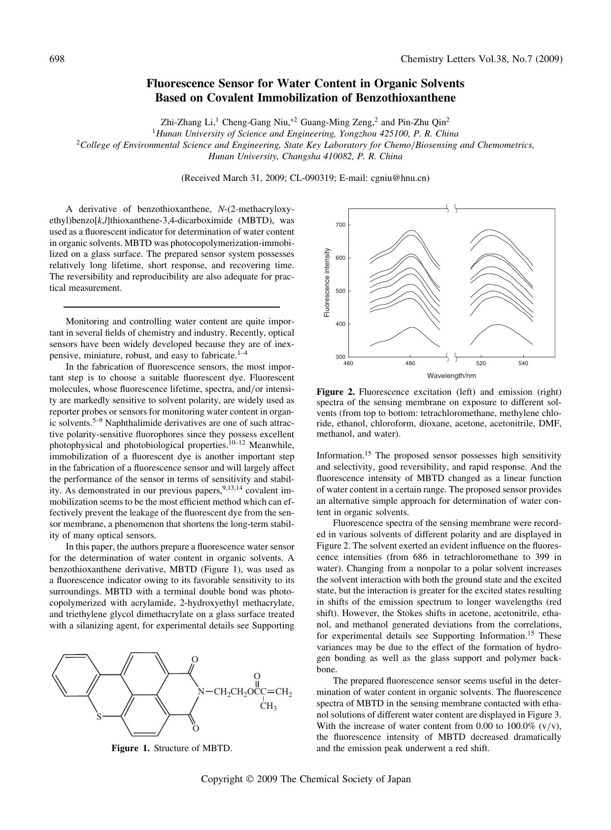 Fluorescence Sensor for Water Content in Organic Solvents Based on Covalent Immobilization of Benzothioxanthene by Zhi-Zhang Li Cheng-Gang Niu Guang-Ming Zeng & Pin-Zhu Qin