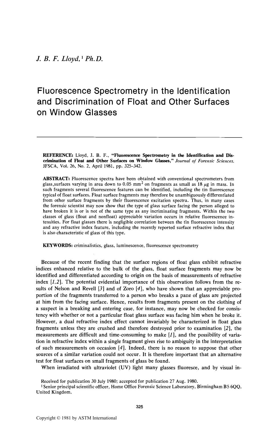 Fluorescence Spectrometry in the Identification and Discrimination of Float and Other Surfaces on Window Glasses by Lloyd JBF