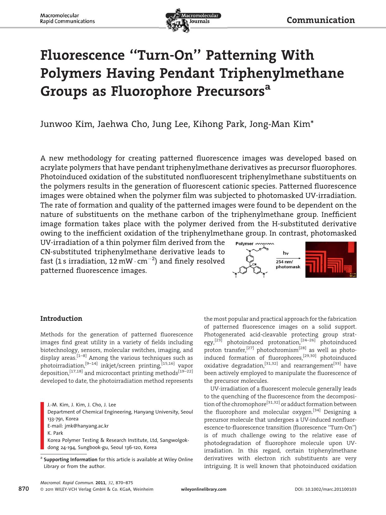 Fluorescence TurnOn Patterning With Polymers Having Pendant Triphenylmethane Groups as Fluorophore Precursors by Unknown