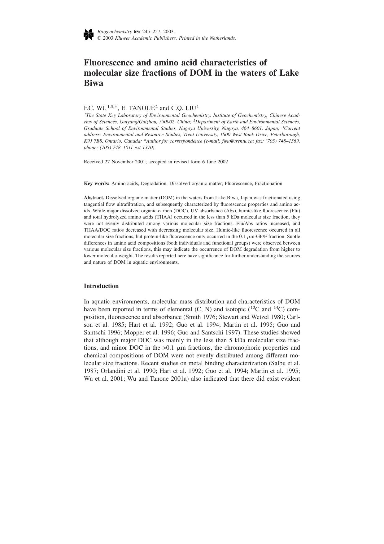 Fluorescence and amino acid characteristics of molecular size fractions of DOM in the waters of Lake Biwa by Unknown