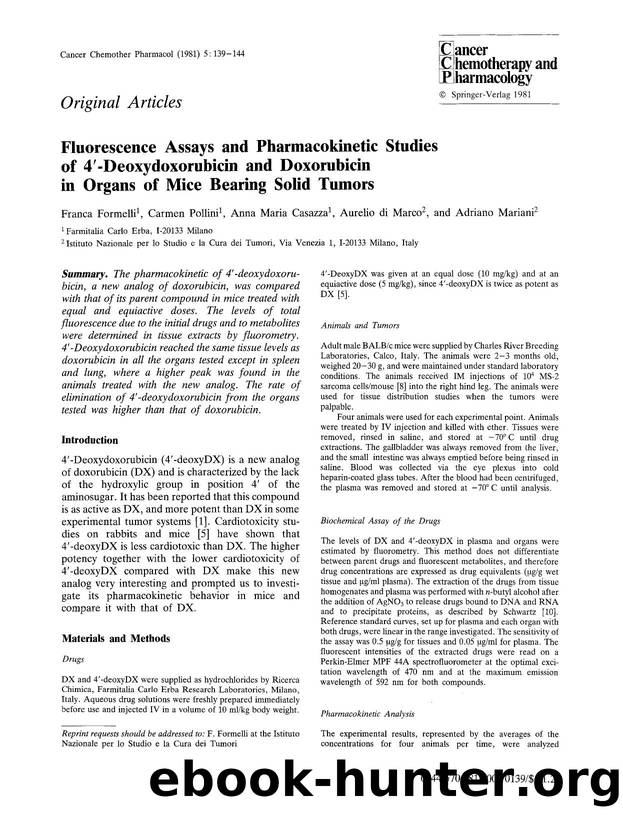 Fluorescence assays and pharmacokinetic studies of 4&#x2032;-deoxydoxorubicin and doxorubicin in organs of mice bearing solid tumors by Unknown