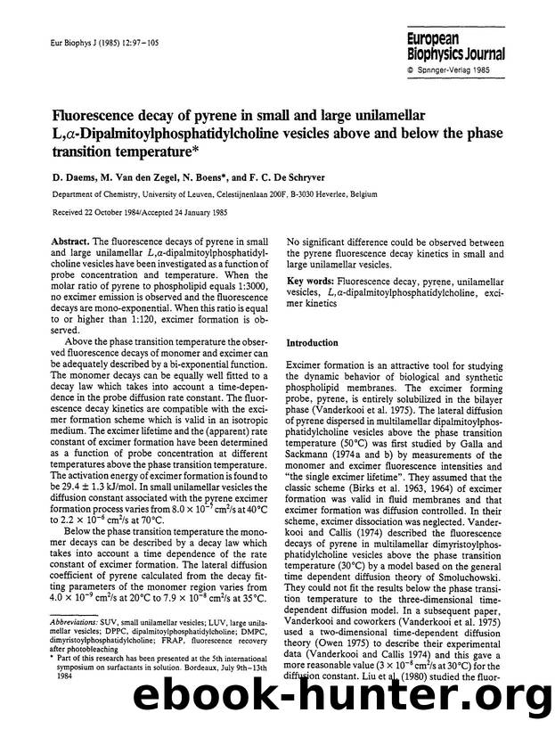 Fluorescence decay of pyrene in small and large unilamellar L,α-Dipalmitoylphosphatidylcholine vesicles above and below the phase transition temperature by Unknown