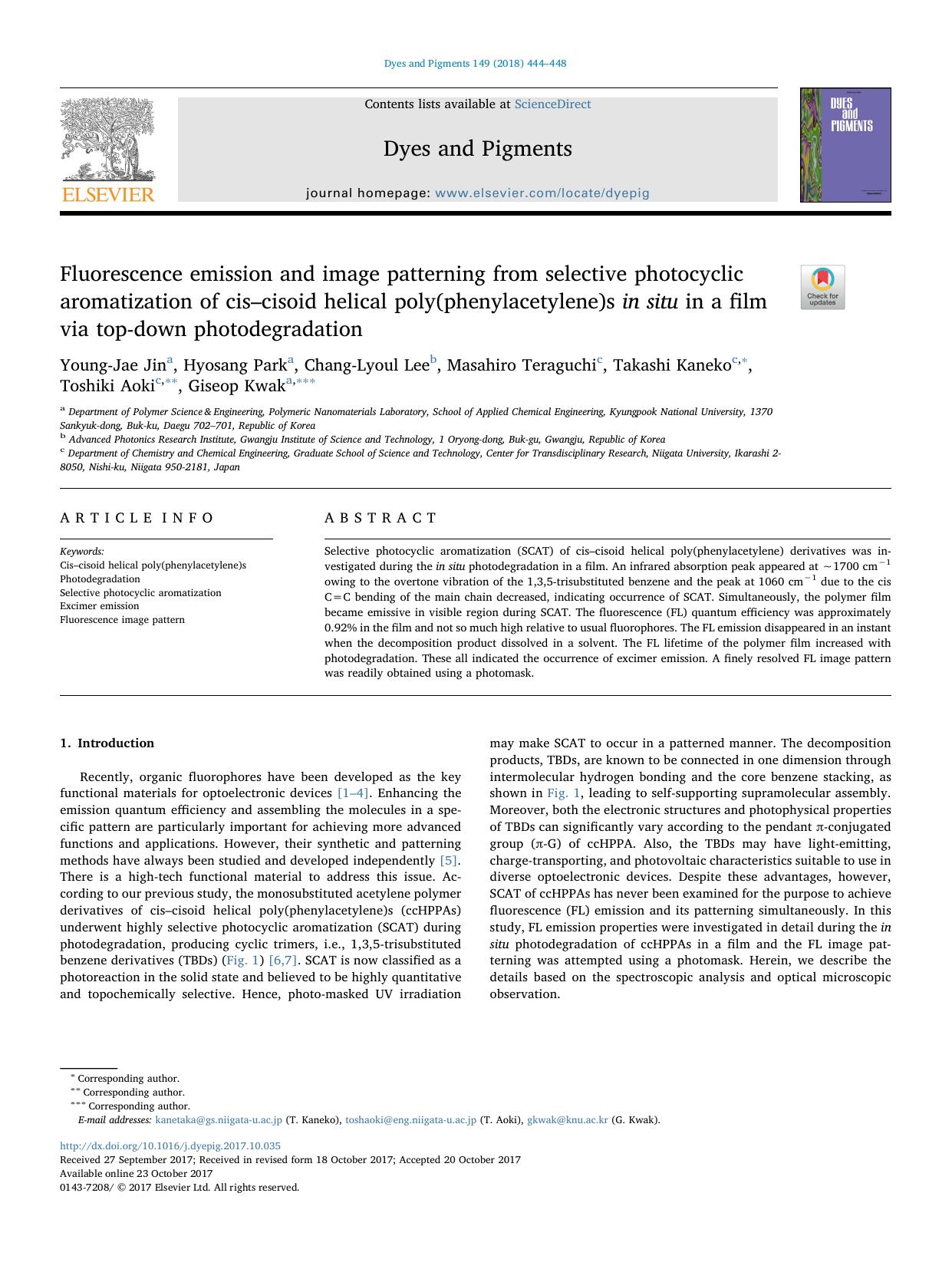 Fluorescence emission and image patterning from selective photocyclic aromatization of cisâcisoid helical poly(phenylacetylene)s in situ in a film via top-down photodegradation by unknow