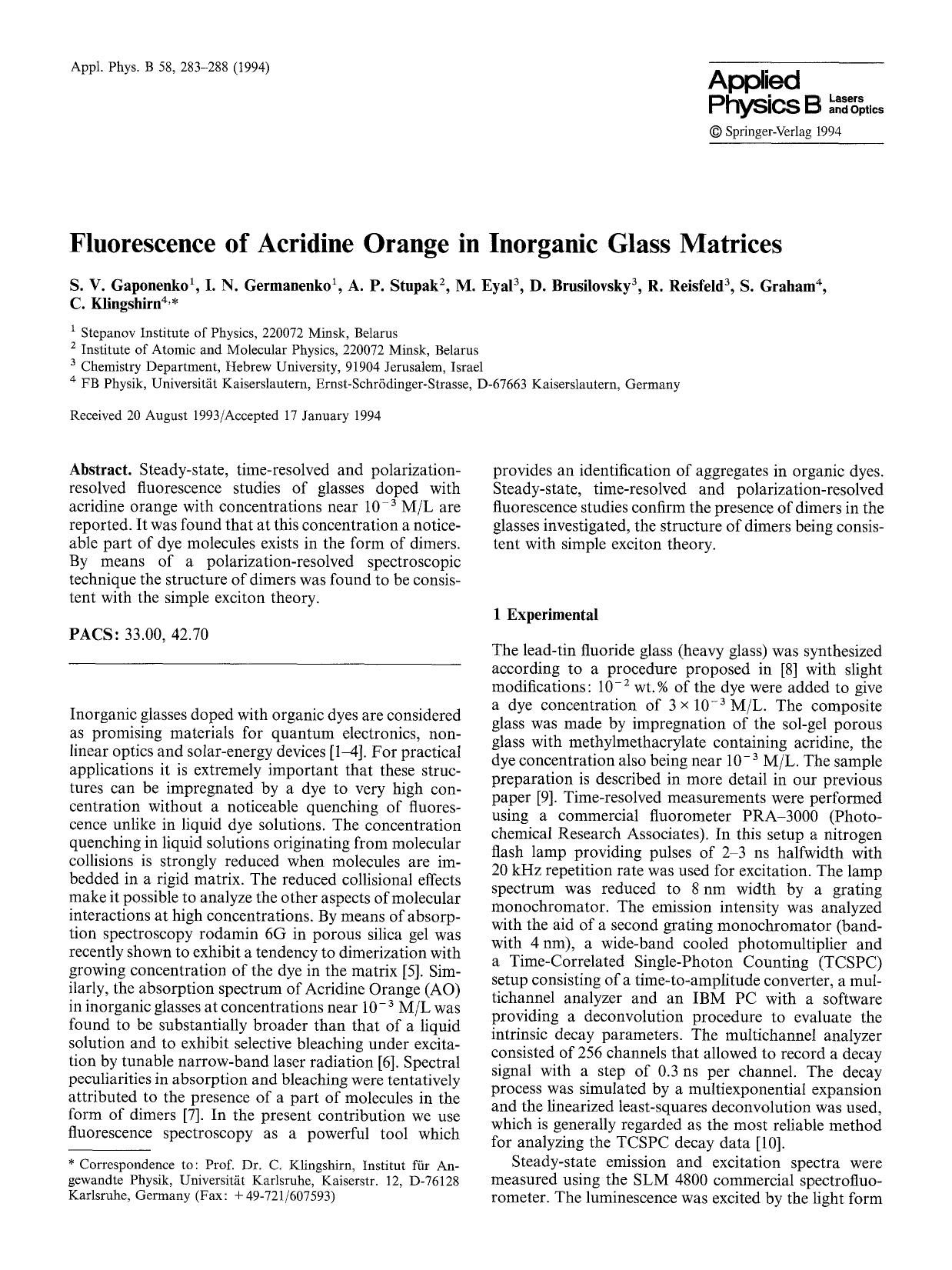 Fluorescence of Acridine Orange in inorganic glass matrices by Unknown
