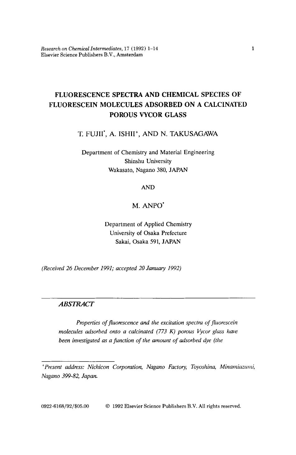 Fluorescence spectra and chemical species of fluorescein molecules adsorbed on a calcinated porous Vycor glass by Unknown