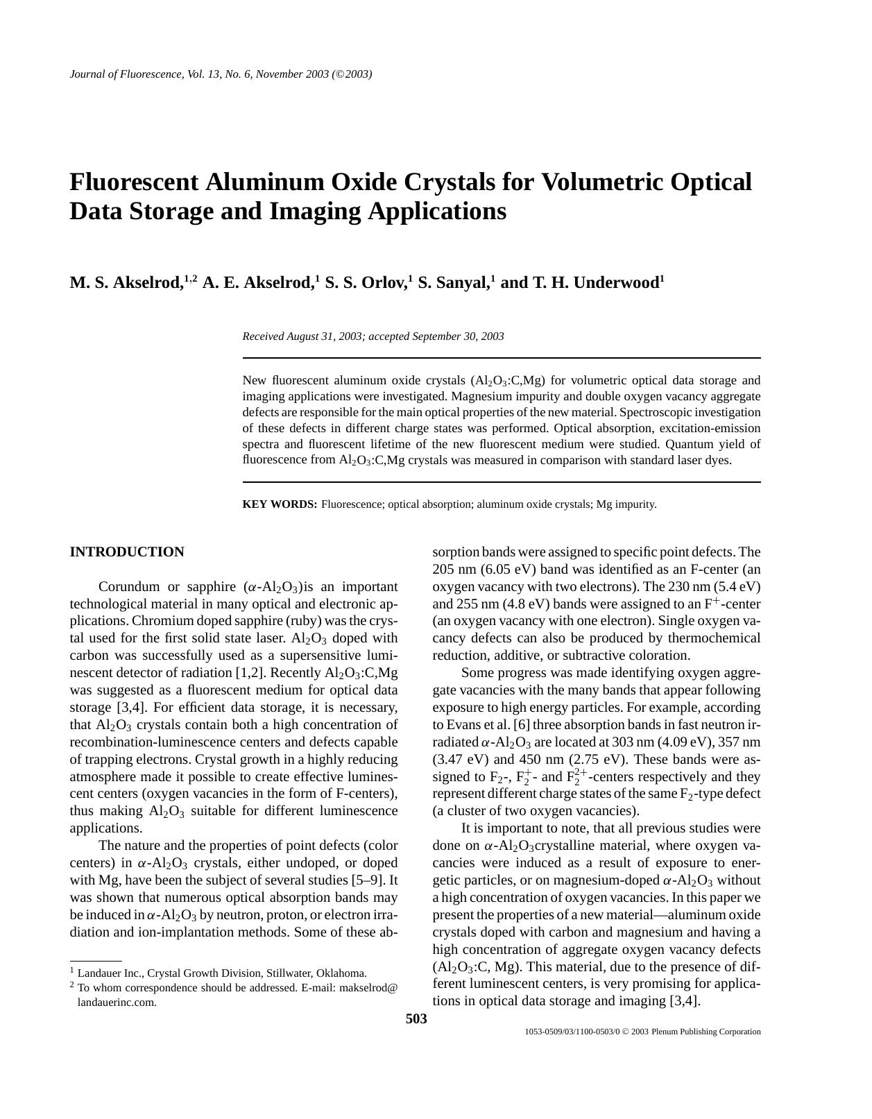 Fluorescent Aluminum Oxide Crystals for Volumetric Optical Data Storage and Imaging Applications by Unknown