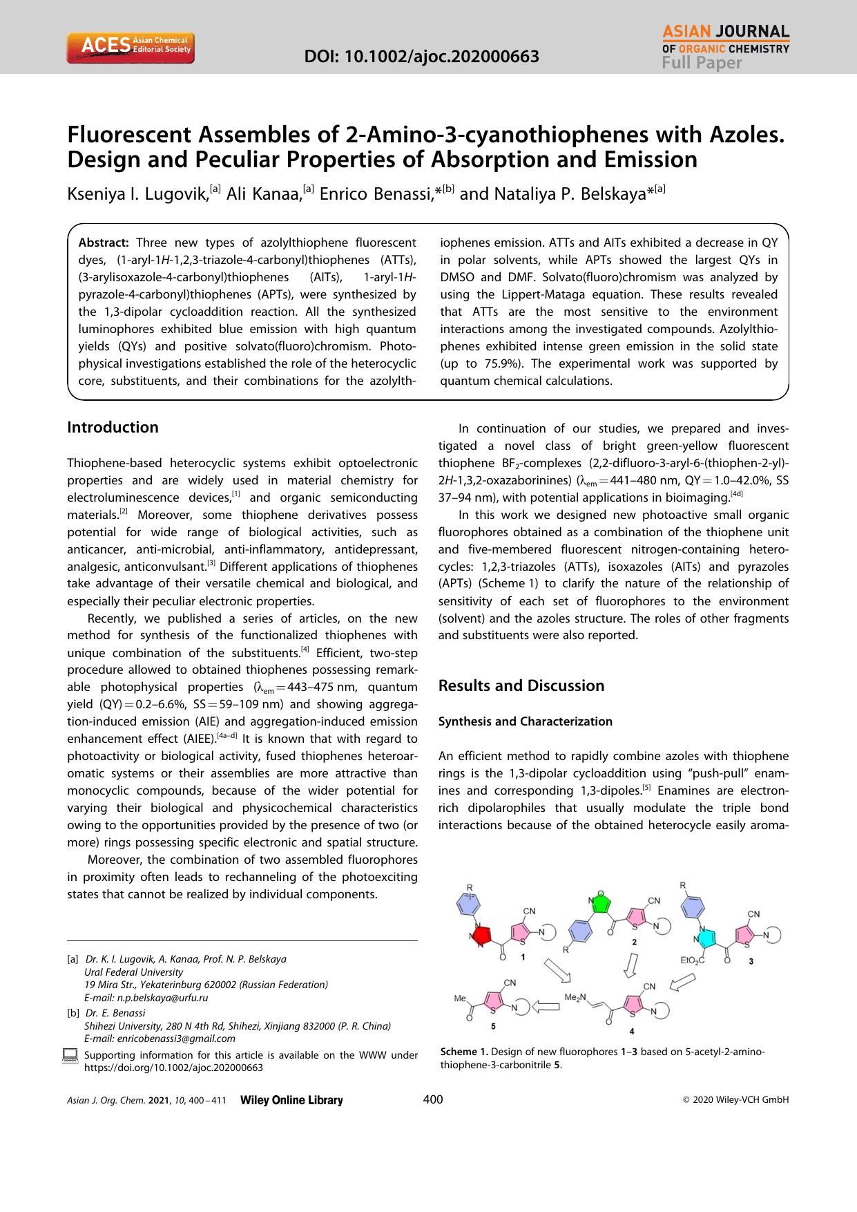 Fluorescent Assembles of 2âAminoâ3âcyanothiophenes with Azoles. Design and Peculiar Properties of Absorption and Emission by Unknown