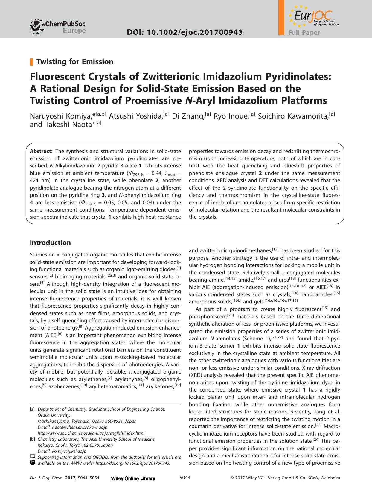 Fluorescent Crystals of Zwitterionic Imidazolium Pyridinolates: A Rational Design for Solid&#x02010;State Emission Based on the Twisting Control of Proemissive <i>N<i>&#x02010;Aryl by Unknown