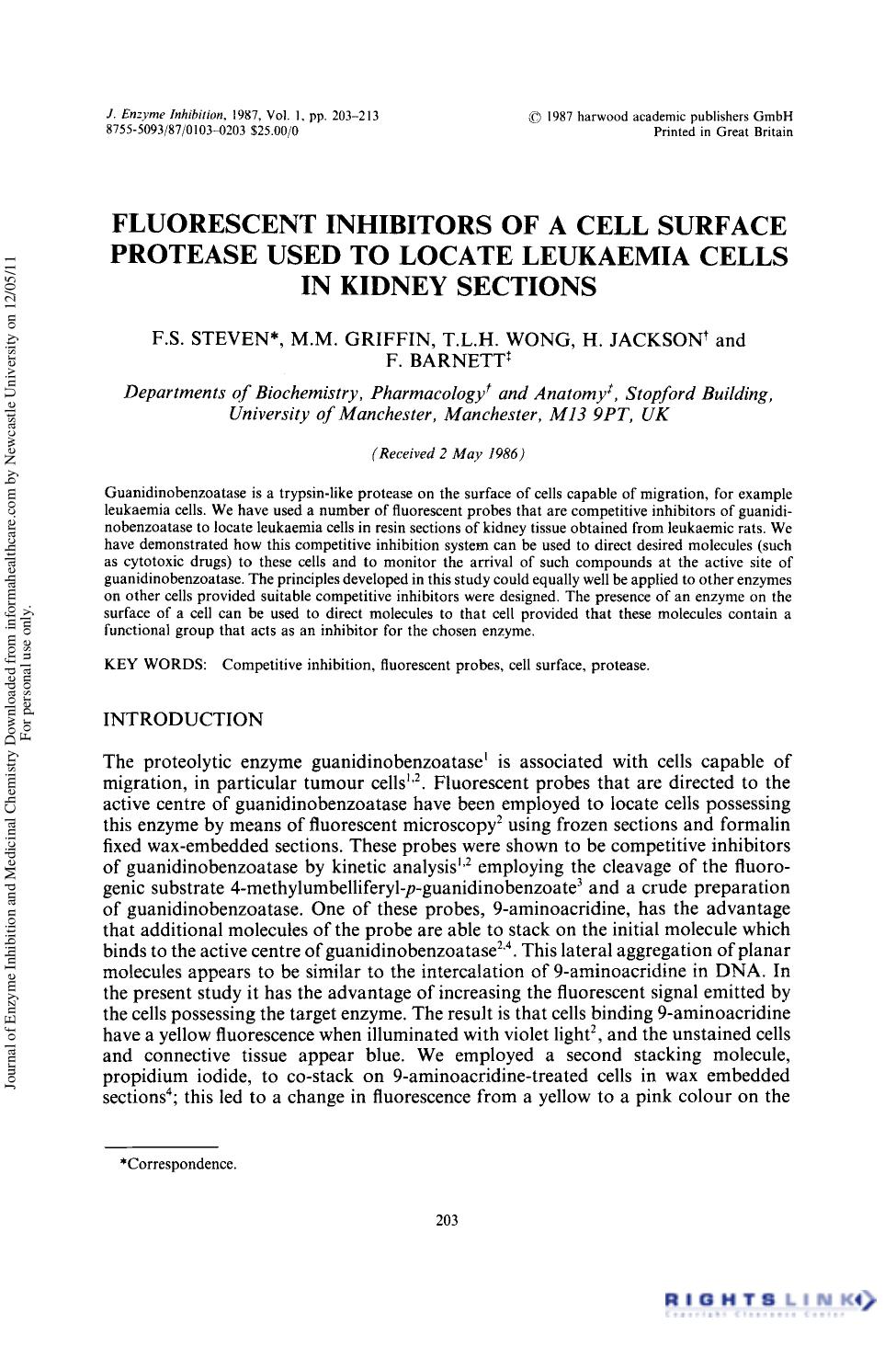 Fluorescent Inhibitors of a Cell Surface Protease Used to Locate Leukaemia Cells in Kidney Sections by F. S. Steven M. M. Griffin T. L. H. Wong H. Jackson & F. Barnett