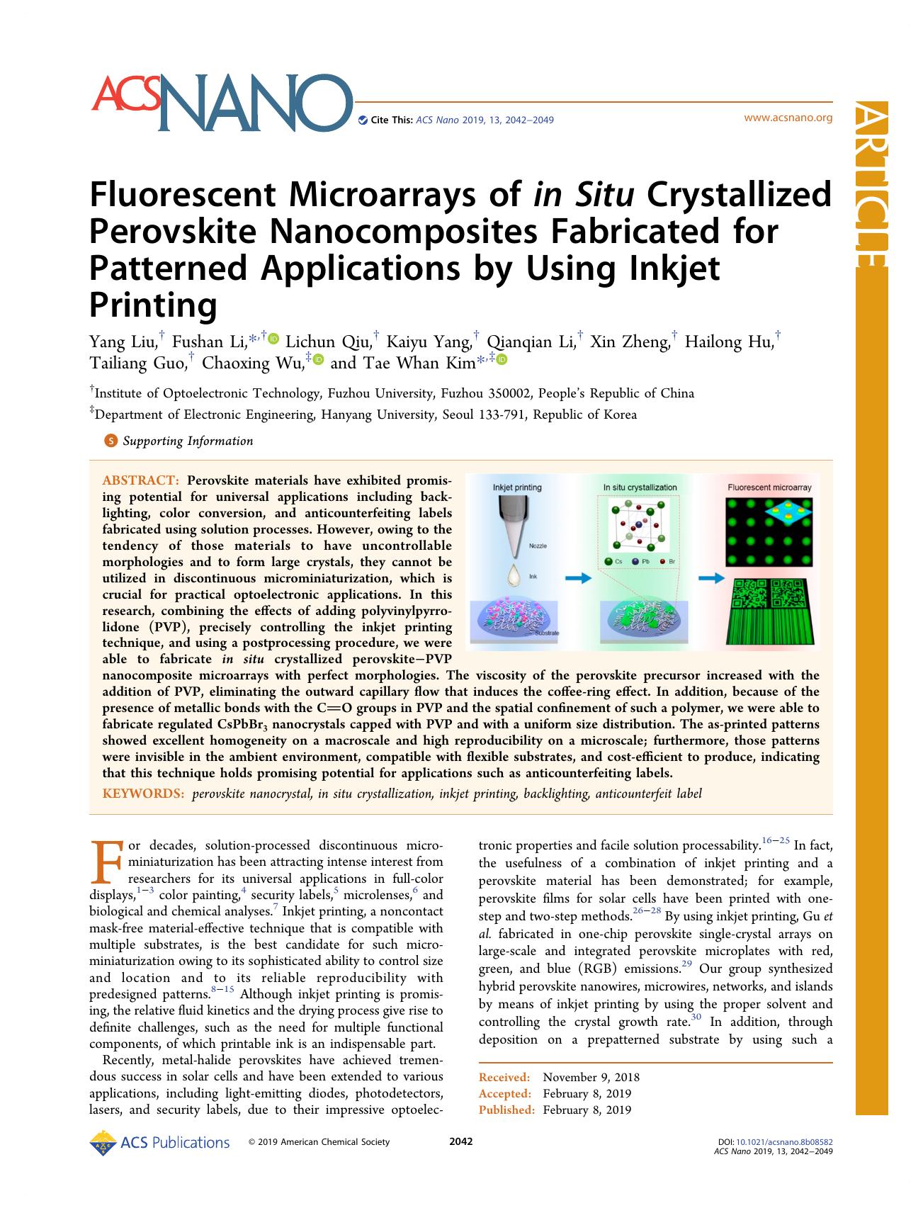 Fluorescent Microarrays of in Situ Crystallized Perovskite Nanocomposites Fabricated for Patterned Applications by Using Inkjet Printing by unknow