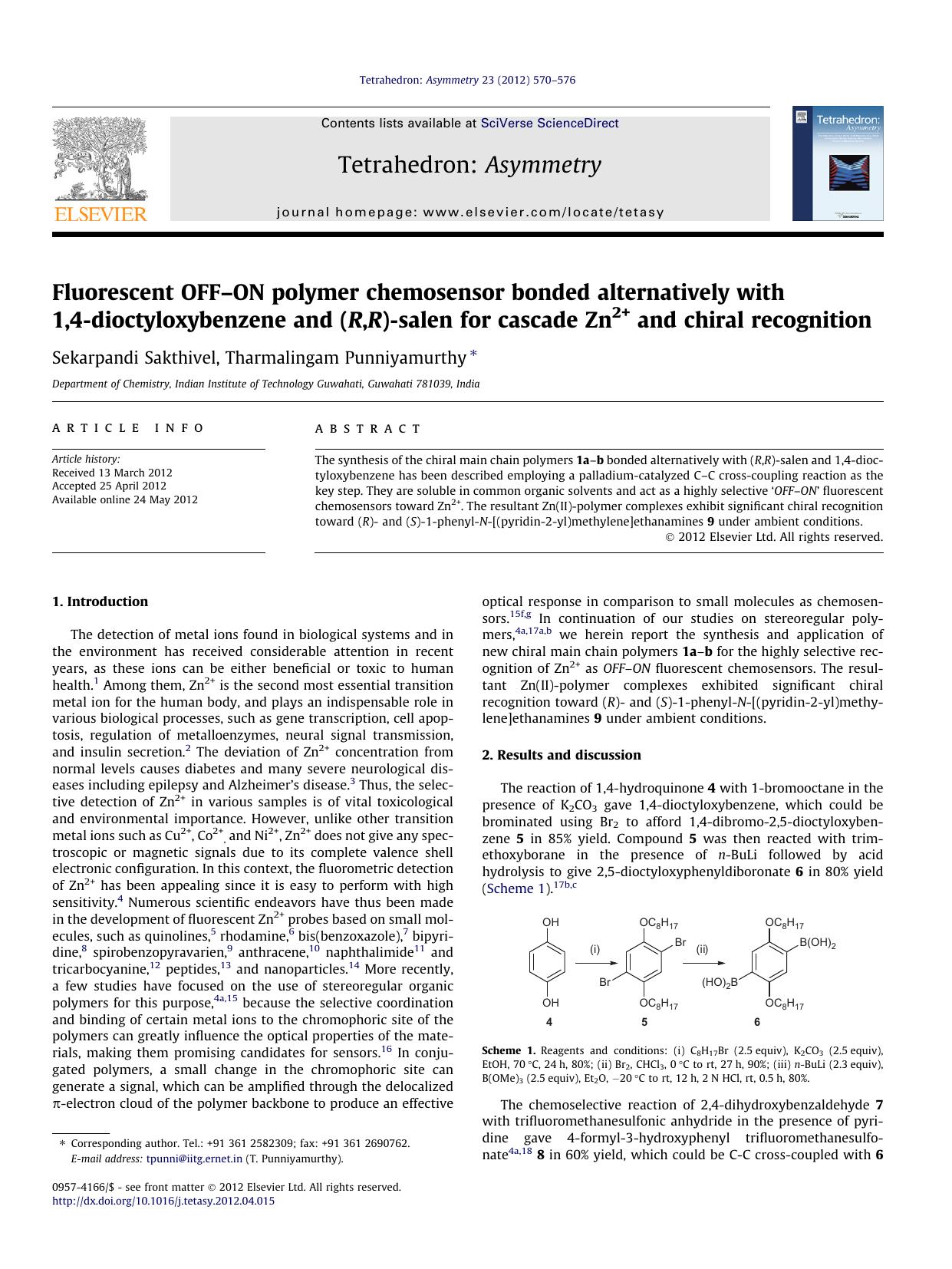 Fluorescent OFFÃ¢â¬âON polymer chemosensor bonded alternatively with 1,4-dioctyloxybenzene and (R,R)-salen for cascade Zn2+ and chiral recognition by Sekarpandi Sakthivel & Tharmalingam Punniyamurthy