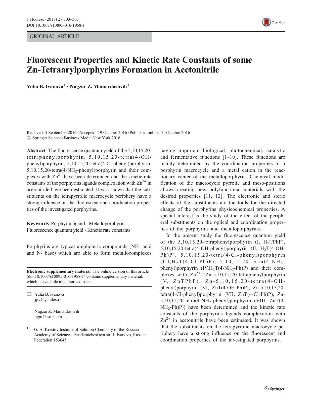 Fluorescent Properties and Kinetic Rate Constants of some Zn-Tetraarylporphyrins Formation in Acetonitrile by Yulia B. Ivanova & Nugzar Z. Mamardashvili