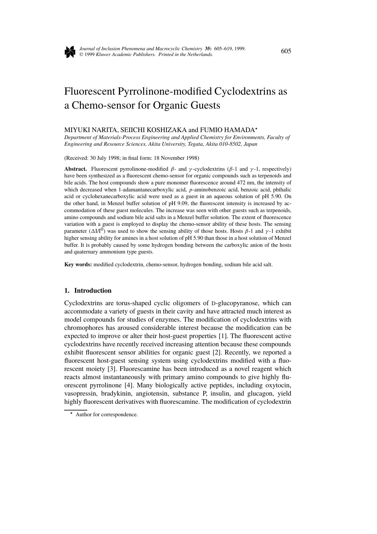 Fluorescent Pyrrolinone-modified Cyclodextrins as a Chemo-sensor for Organic Guests by Unknown