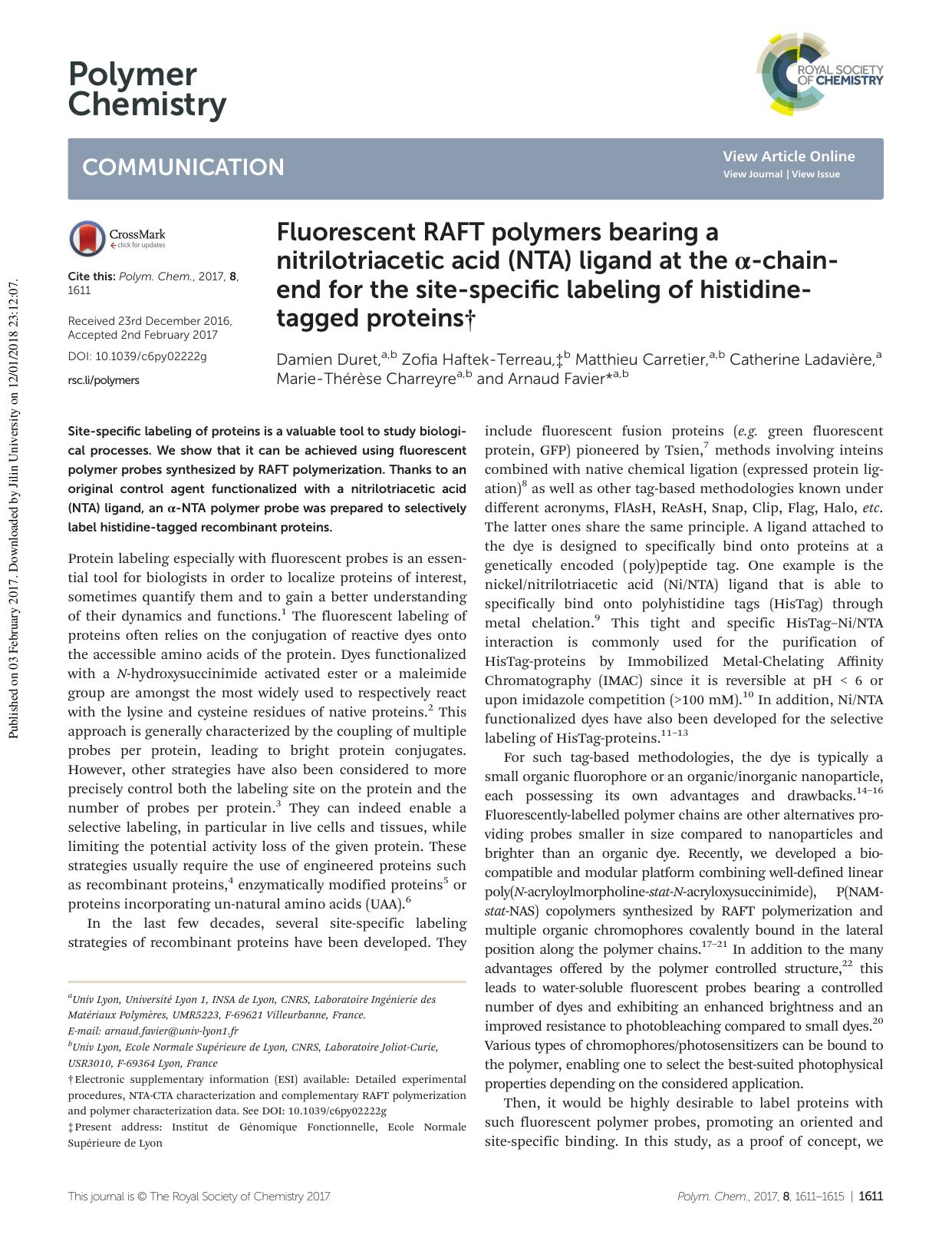 Fluorescent RAFT polymers bearing a nitrilotriacetic acid (NTA) ligand at the Î±-chain-end for the site-specific labeling of histidine-tagged proteins by unknow