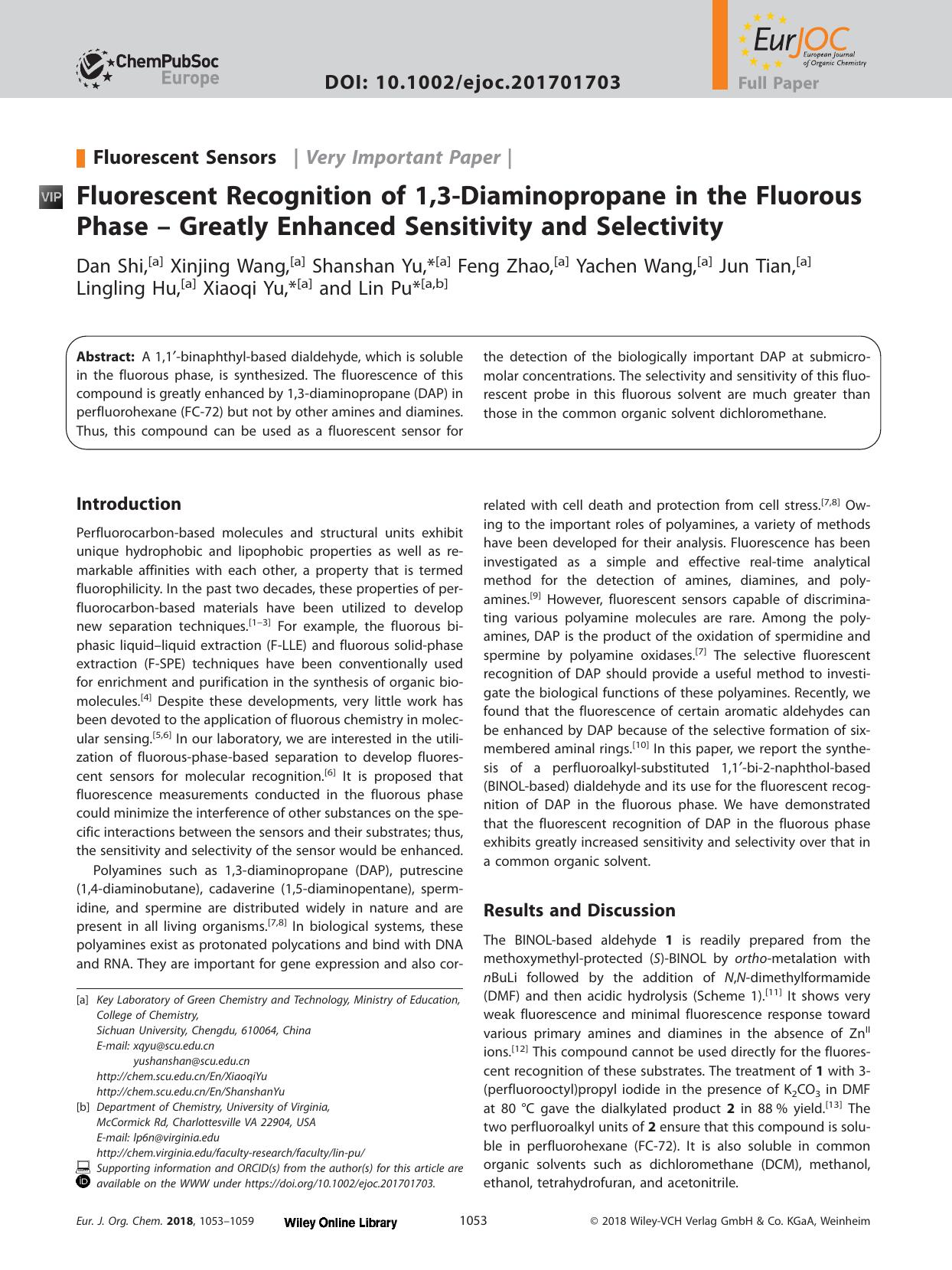 Fluorescent Recognition of 1,3&#x02010;Diaminopropane in the Fluorous Phase &#x02013; Greatly Enhanced Sensitivity and Selectivity by Unknown