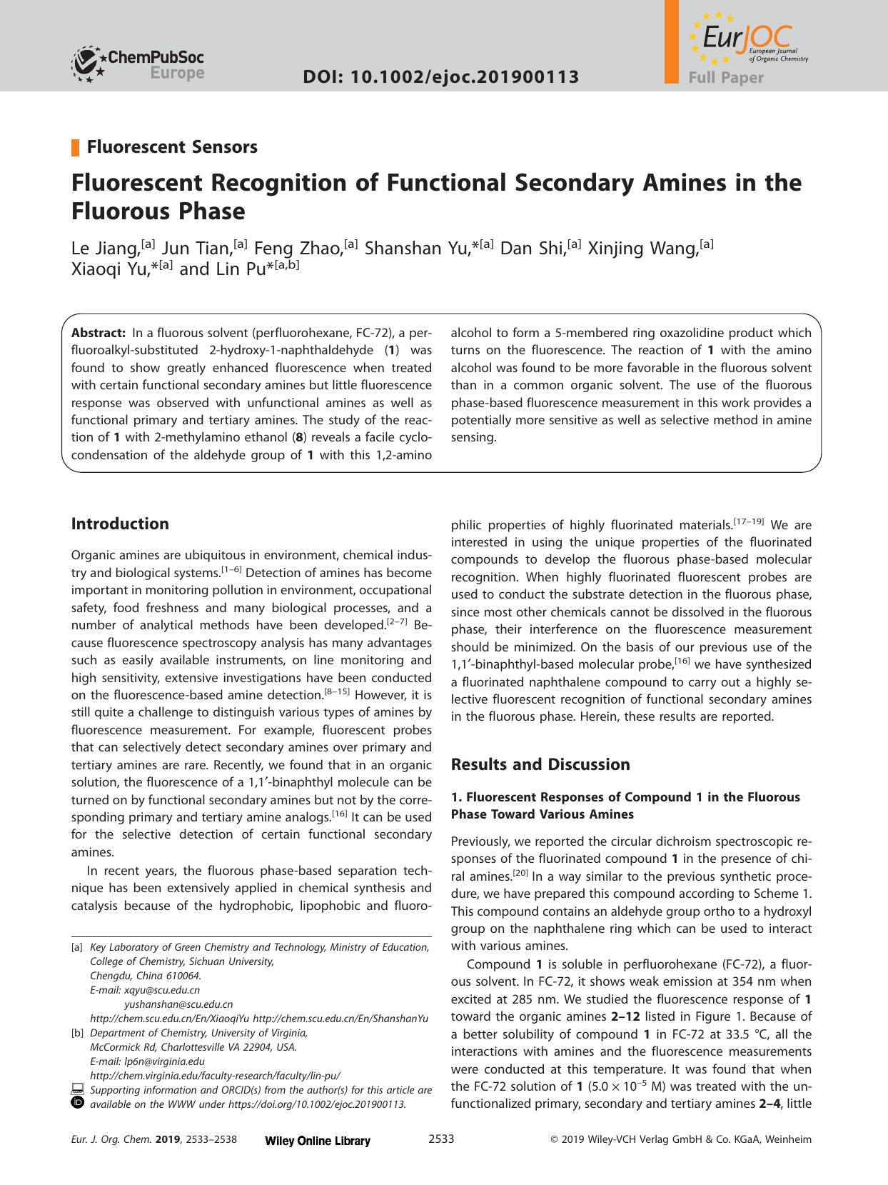 Fluorescent Recognition of Functional Secondary Amines in the Fluorous Phase by Unknown