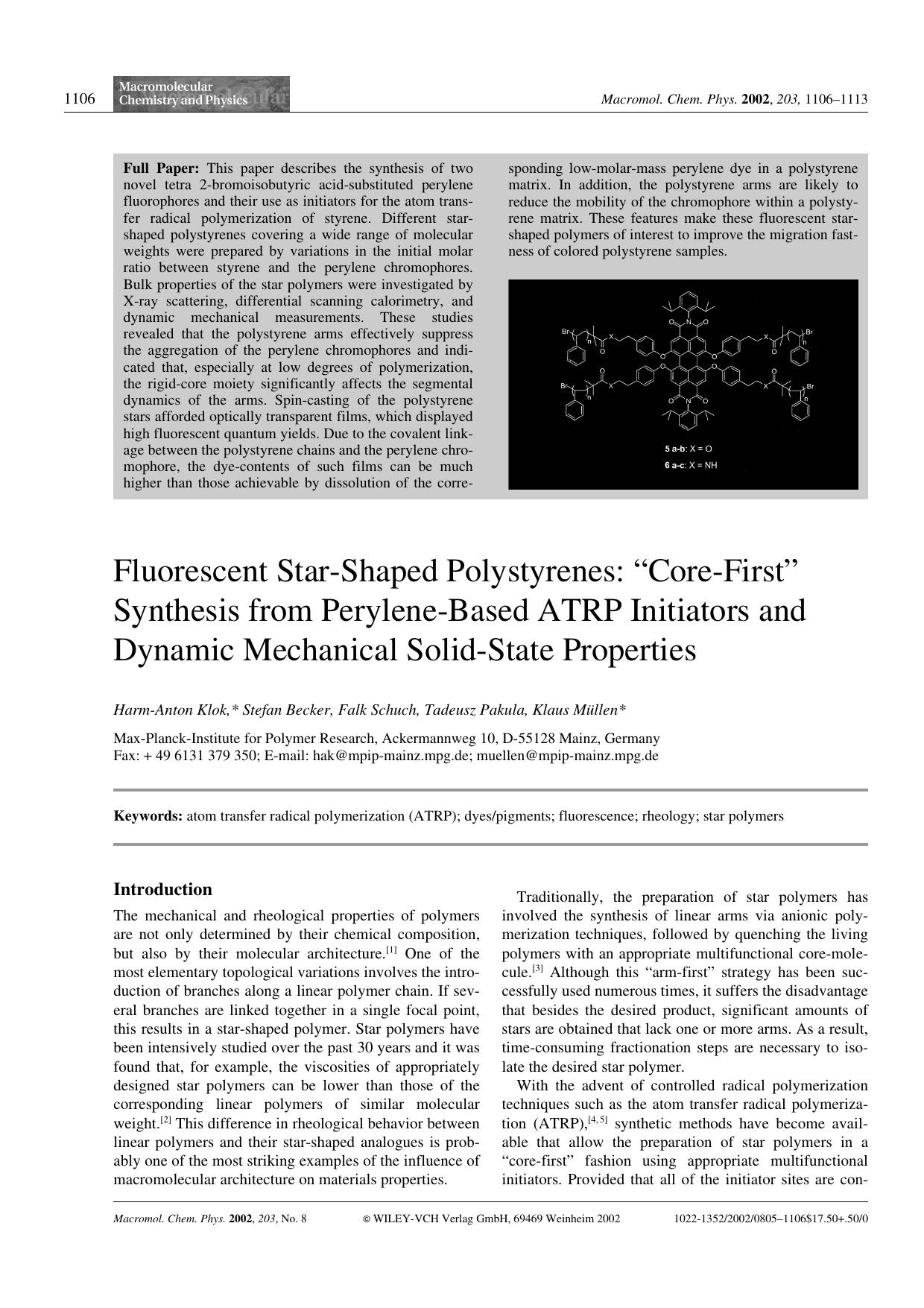Fluorescent Star-Shaped Polystyrenes: "Core-First" Synthesis from Perylene-Based ATRP Initiators and Dynamic Mechanical Solid-State Properties by unknow