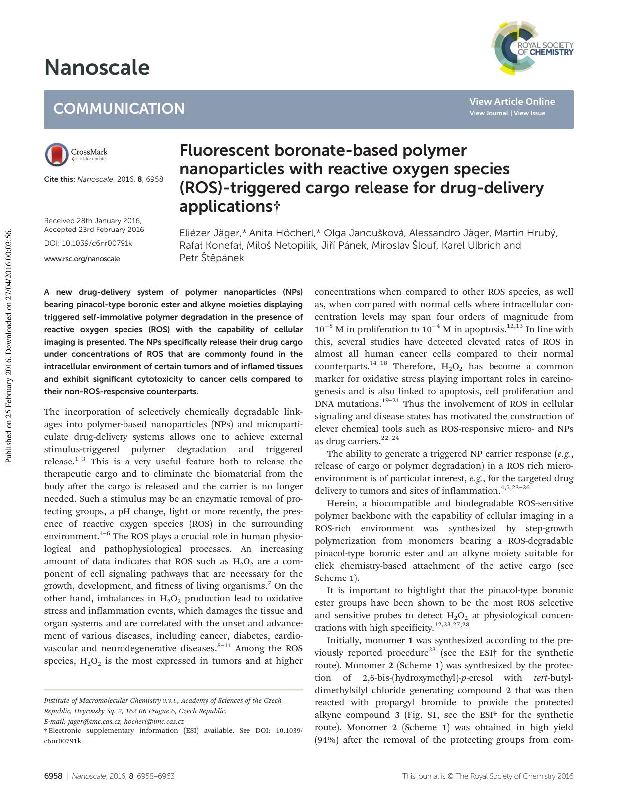 Fluorescent boronate-based polymer nanoparticles with reactive oxygen species (ROS)-triggered cargo release for drug-delivery applications by unknow