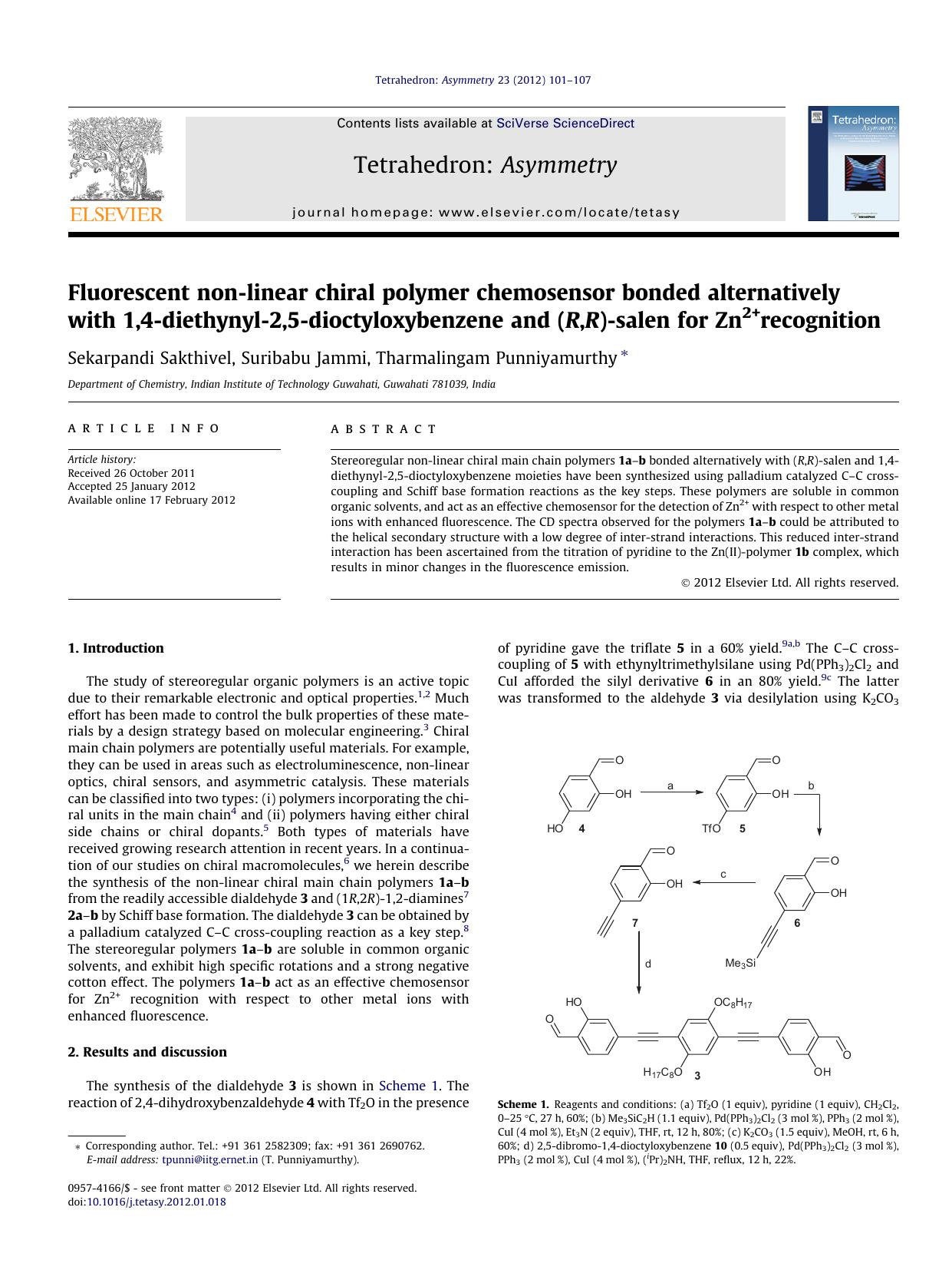 Fluorescent non-linear chiral polymer chemosensor bonded alternatively with 1,4-diethynyl-2,5-dioctyloxybenzene and (R,R)-salen for Zn2+recognition by Sekarpandi Sakthivel & Suribabu Jammi & Tharmalingam Punniyamurthy