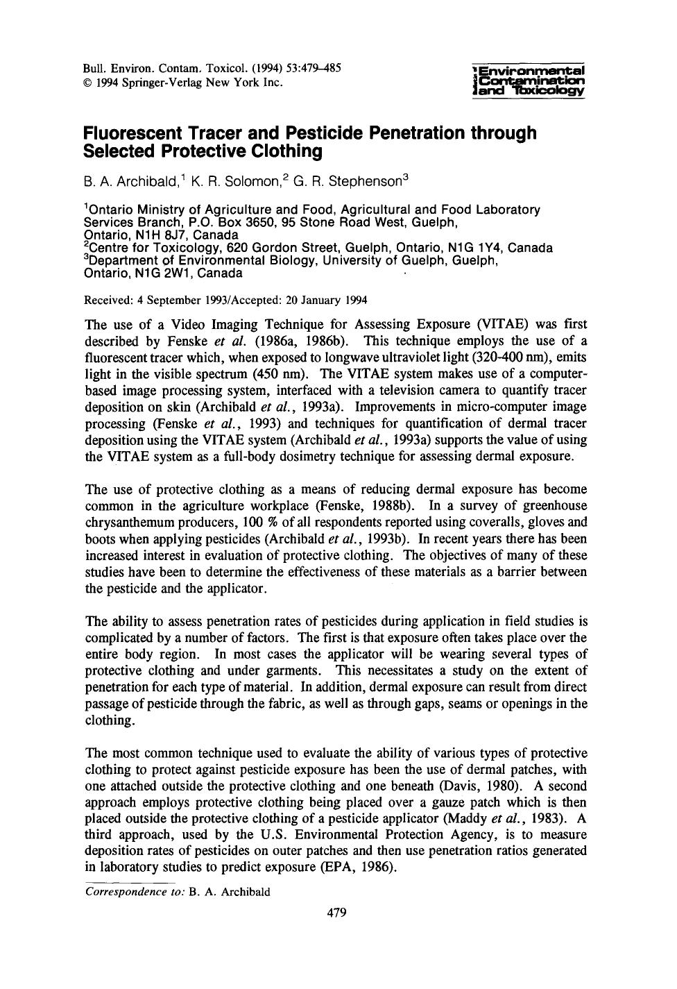 Fluorescent tracer and pesticide penetration through selected protective clothing by Unknown