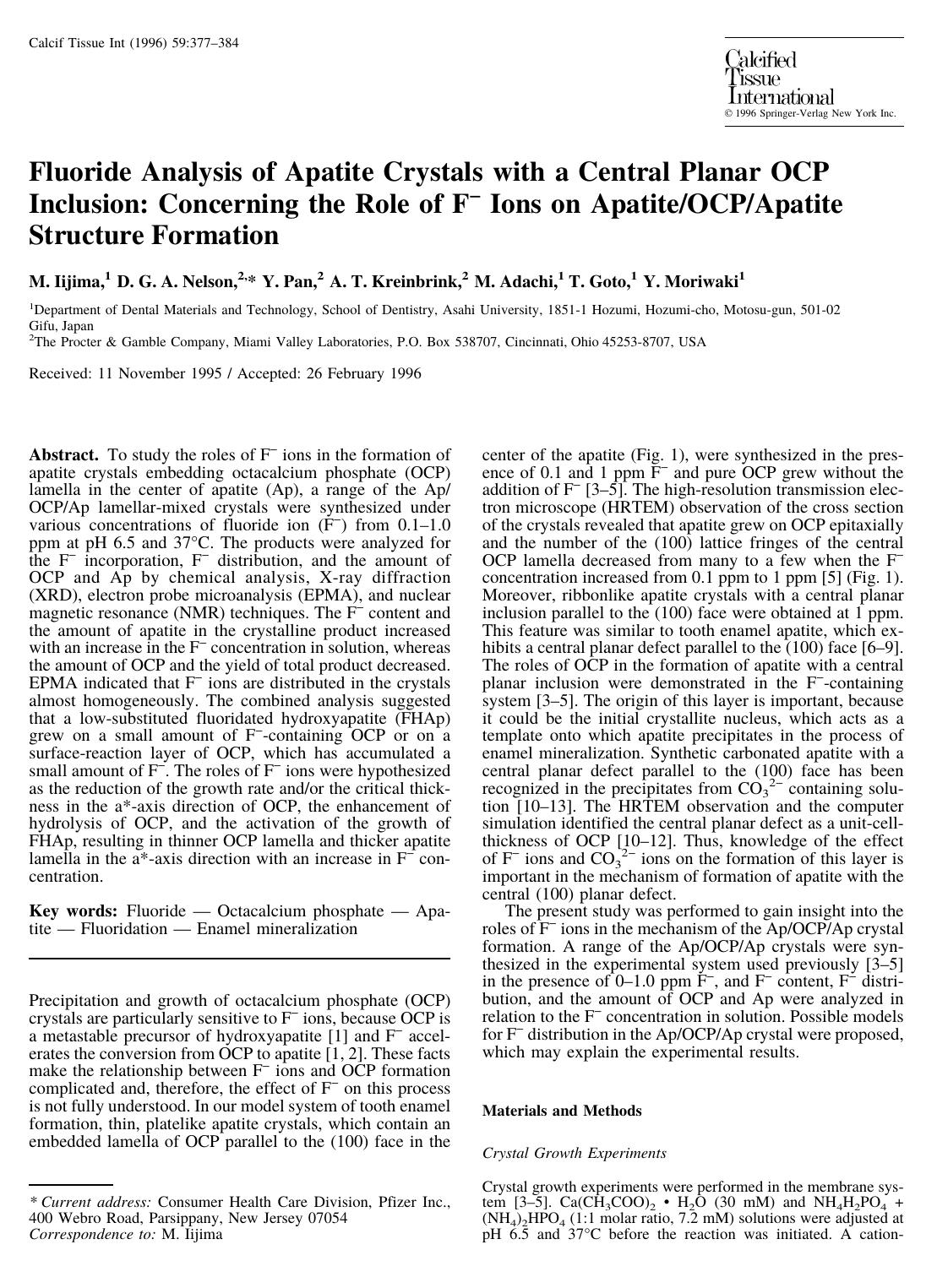 Fluoride Analysis of Apatite Crystals with a Central Planar OCP Inclusion: Concerning the Role of F-Ions on ApatiteOCPApatite Structure Formation by Iijima M. et al
