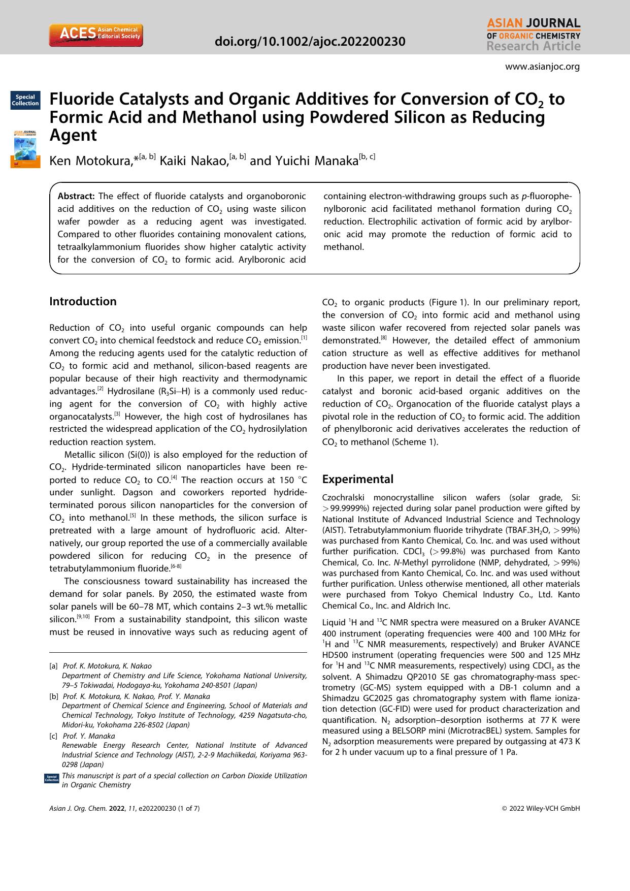 Fluoride Catalysts and Organic Additives for Conversion of CO2 to Formic Acid and Methanol using Powdered Silicon as Reducing Agent by Unknown