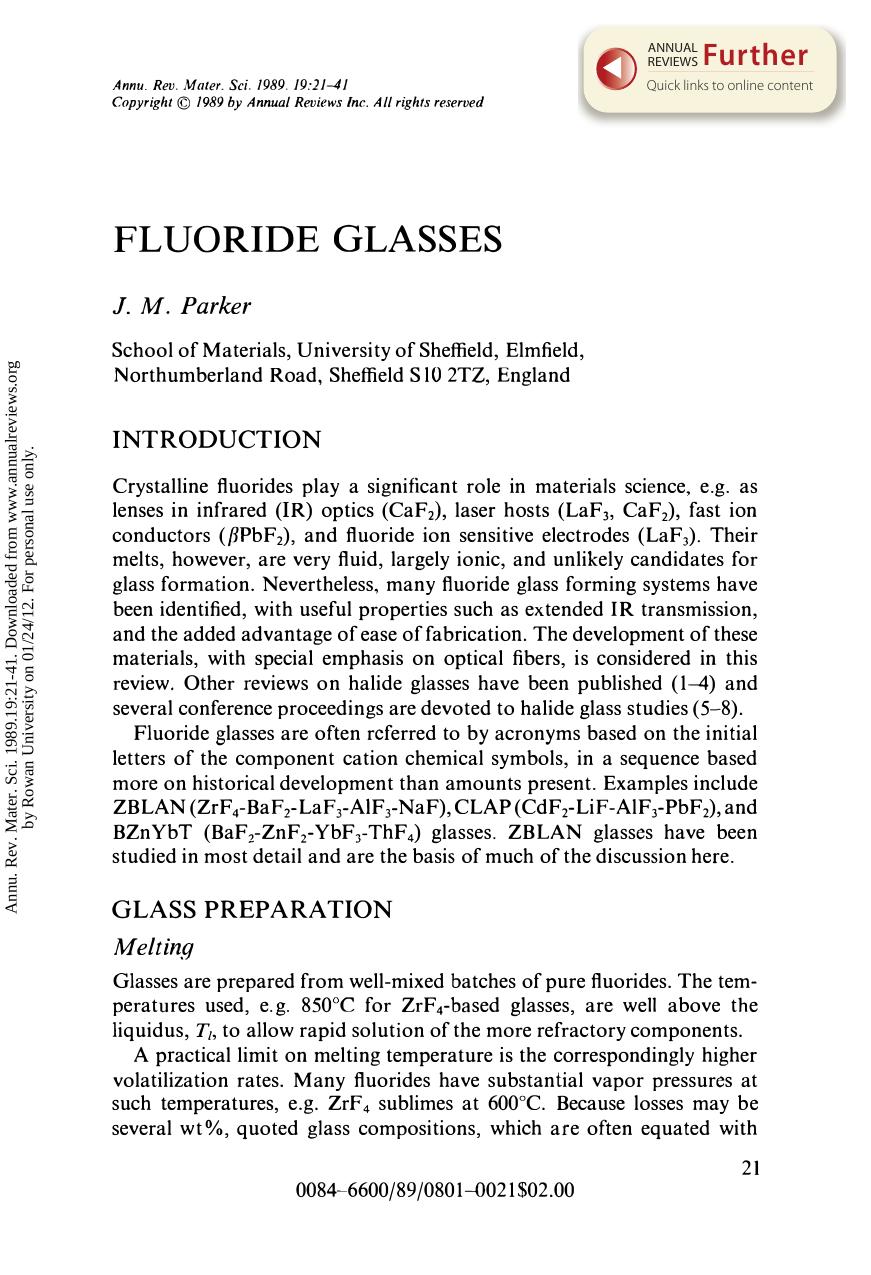 Fluoride Glasses by J M Parker