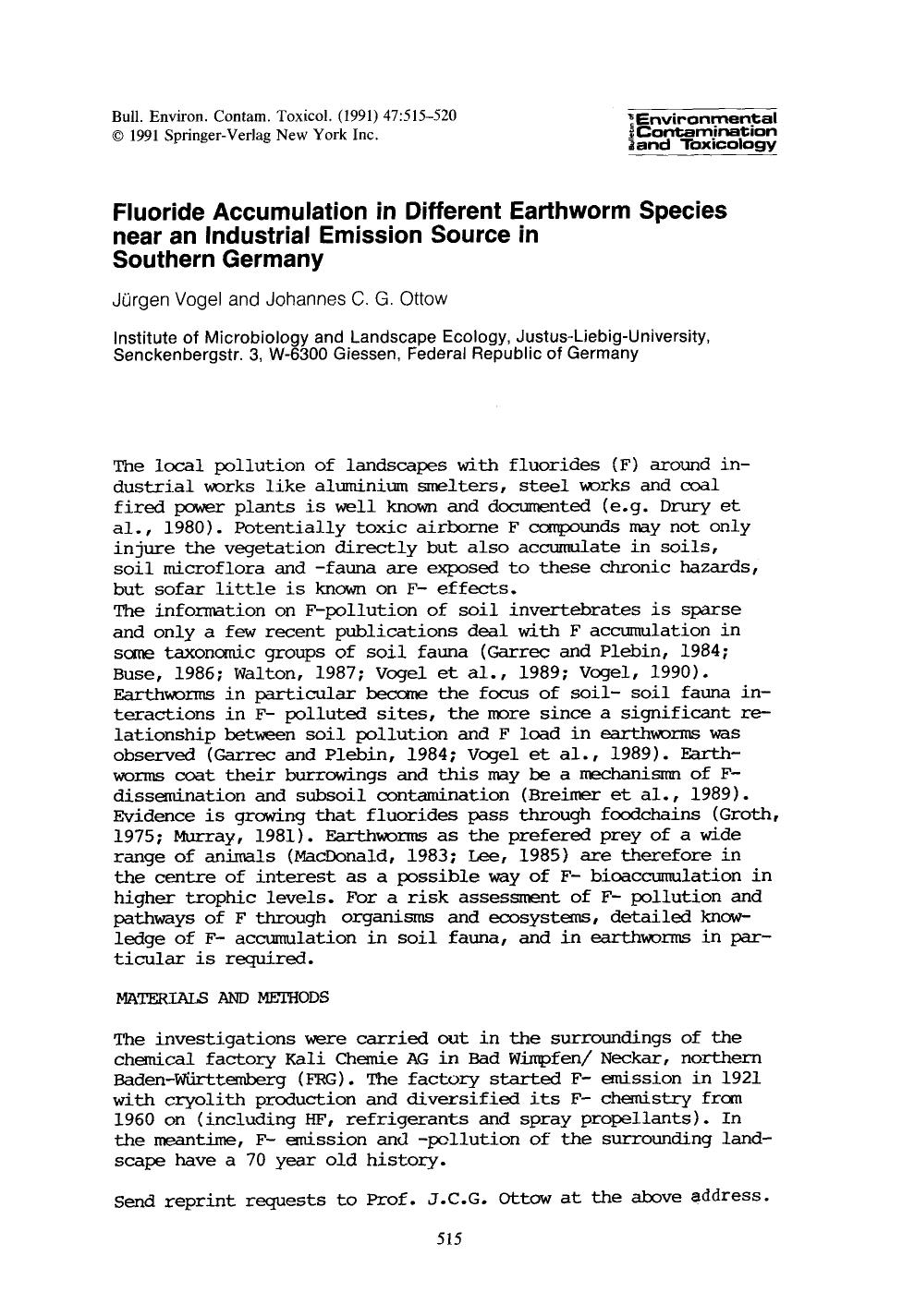 Fluoride accumulation in different earthworm species near an industrial emission source in Southern Germany by Unknown